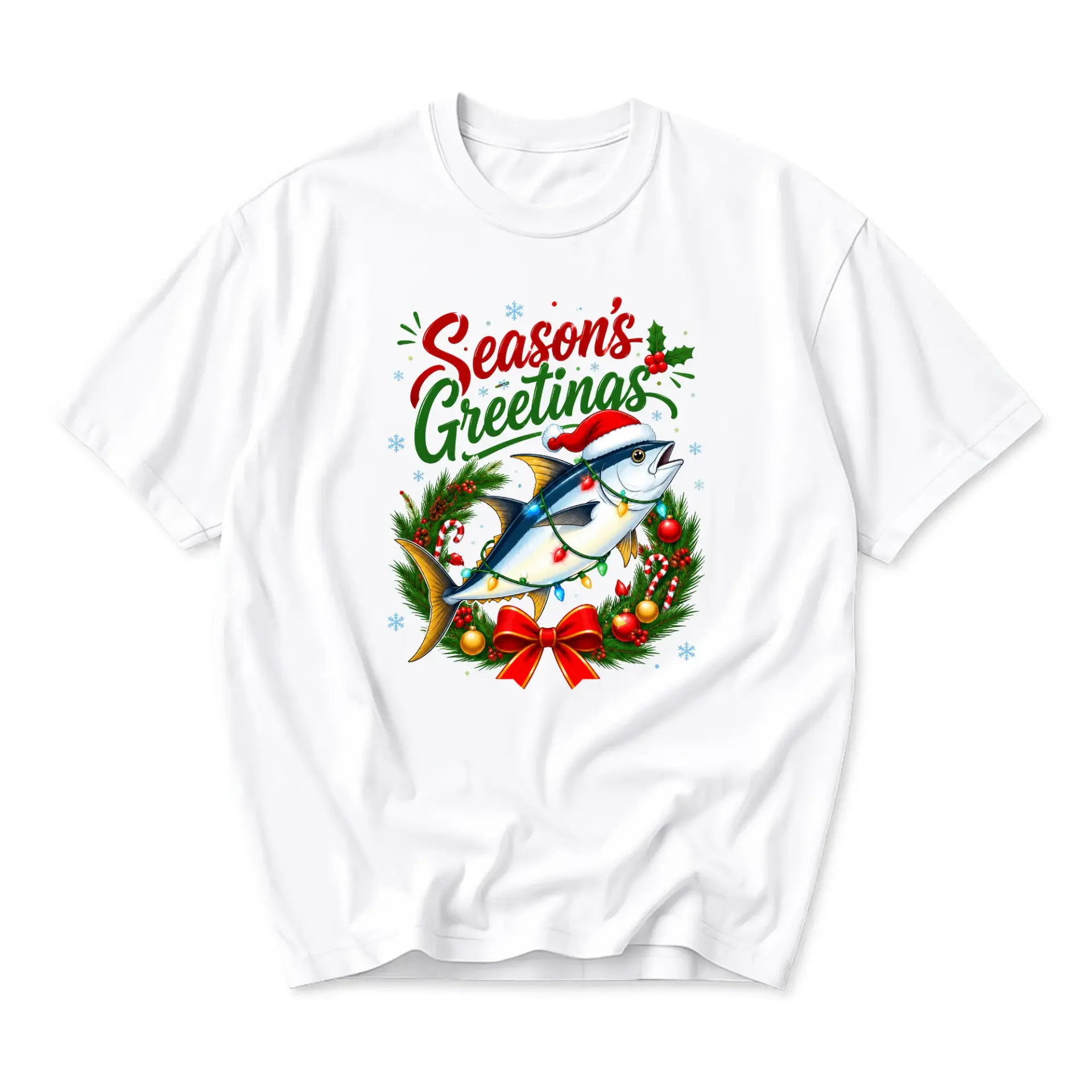 Funny Shirt Season's Greetings Christmas Fishing Graphic Tee Unisex Holiday Crew Neck Casual Apparel Top for Men Women