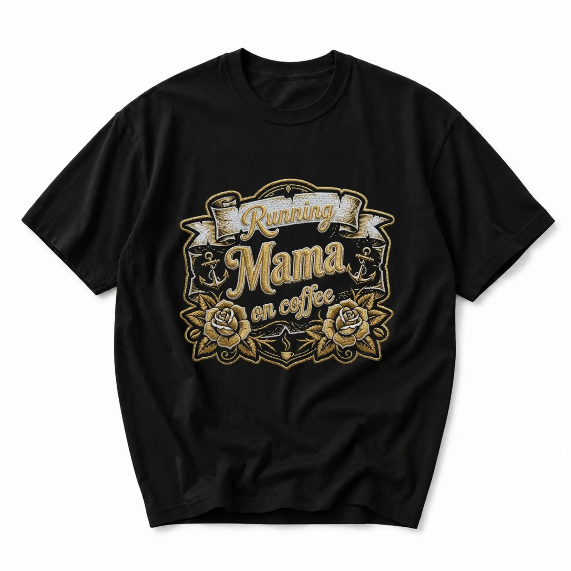 Graphic Tee Running Mama on Coffee Print Unisex Short Sleeve Crew Neck Cotton Casual Everyday Apparel Black Shirt