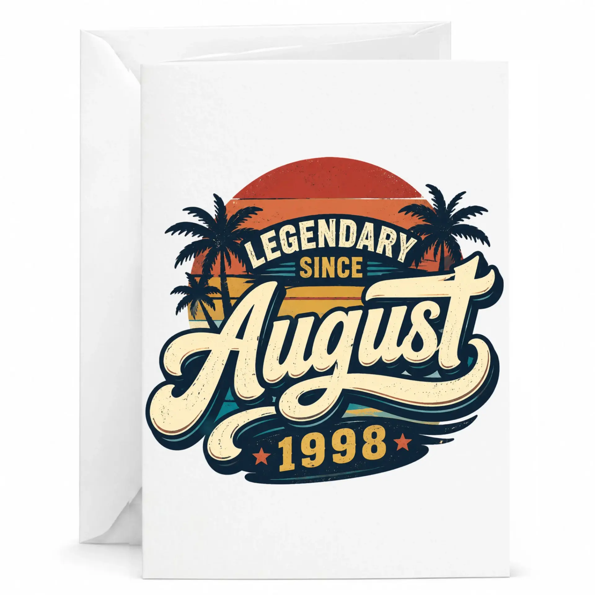 Birthday Card Legendary Since August 1998 Vintage Tropical Sunset Theme Greeting Card for Milestone Celebration
