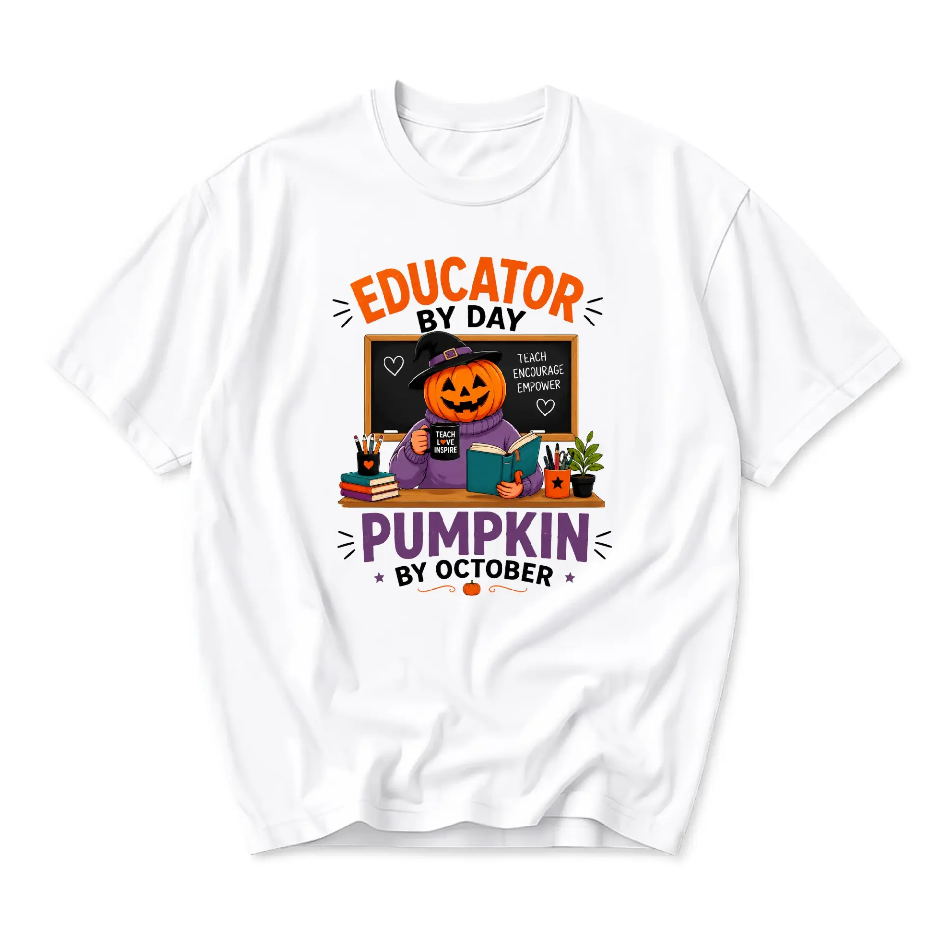 Funny Shirt Educator by Day Pumpkin by October Graphic Tee Seasonal Professional Themed Unisex Crew Neck Apparel