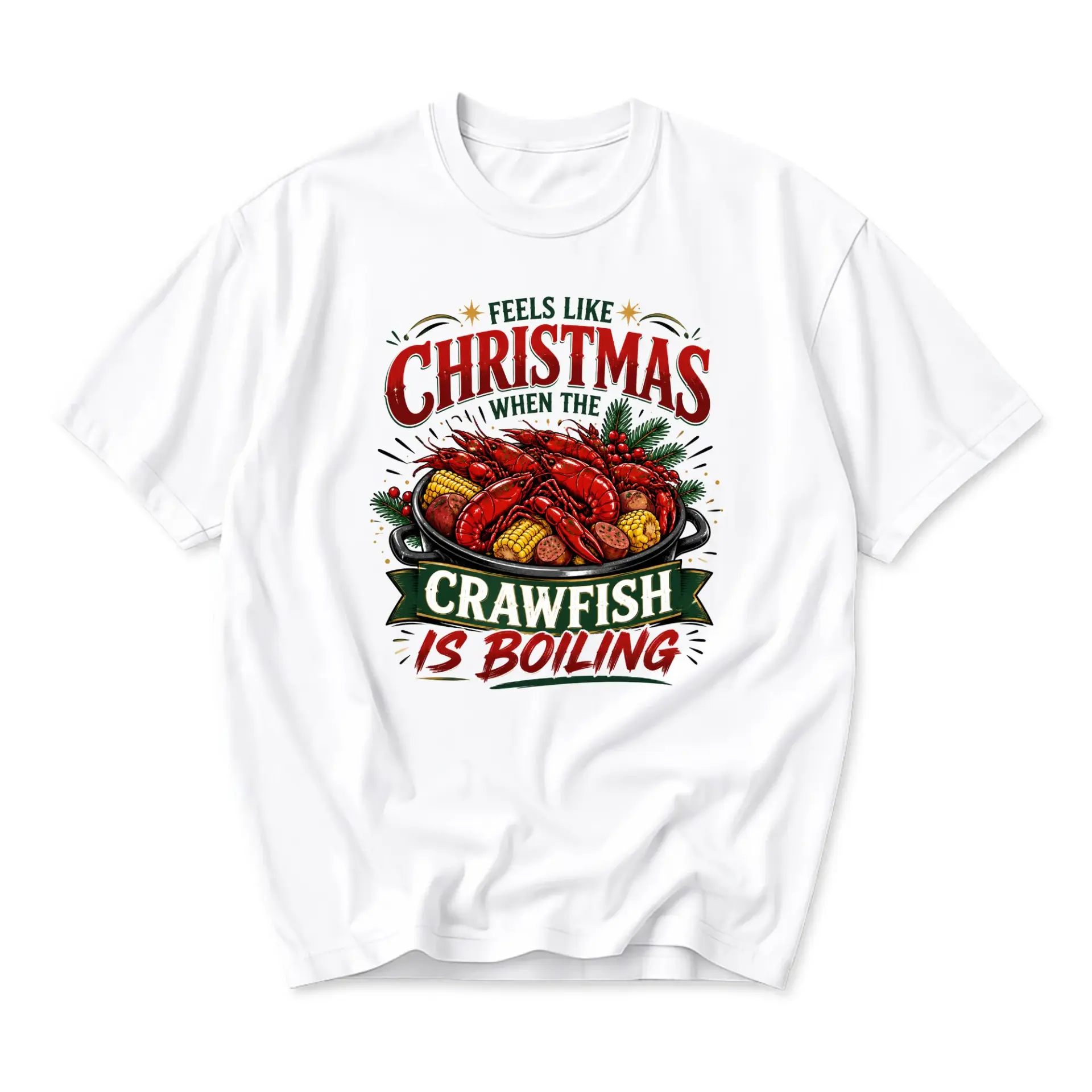 Graphic Tee Feels Like Christmas When the Crawfish Is Boiling Holiday Southern Seafood Lover Unisex Cotton Shirt