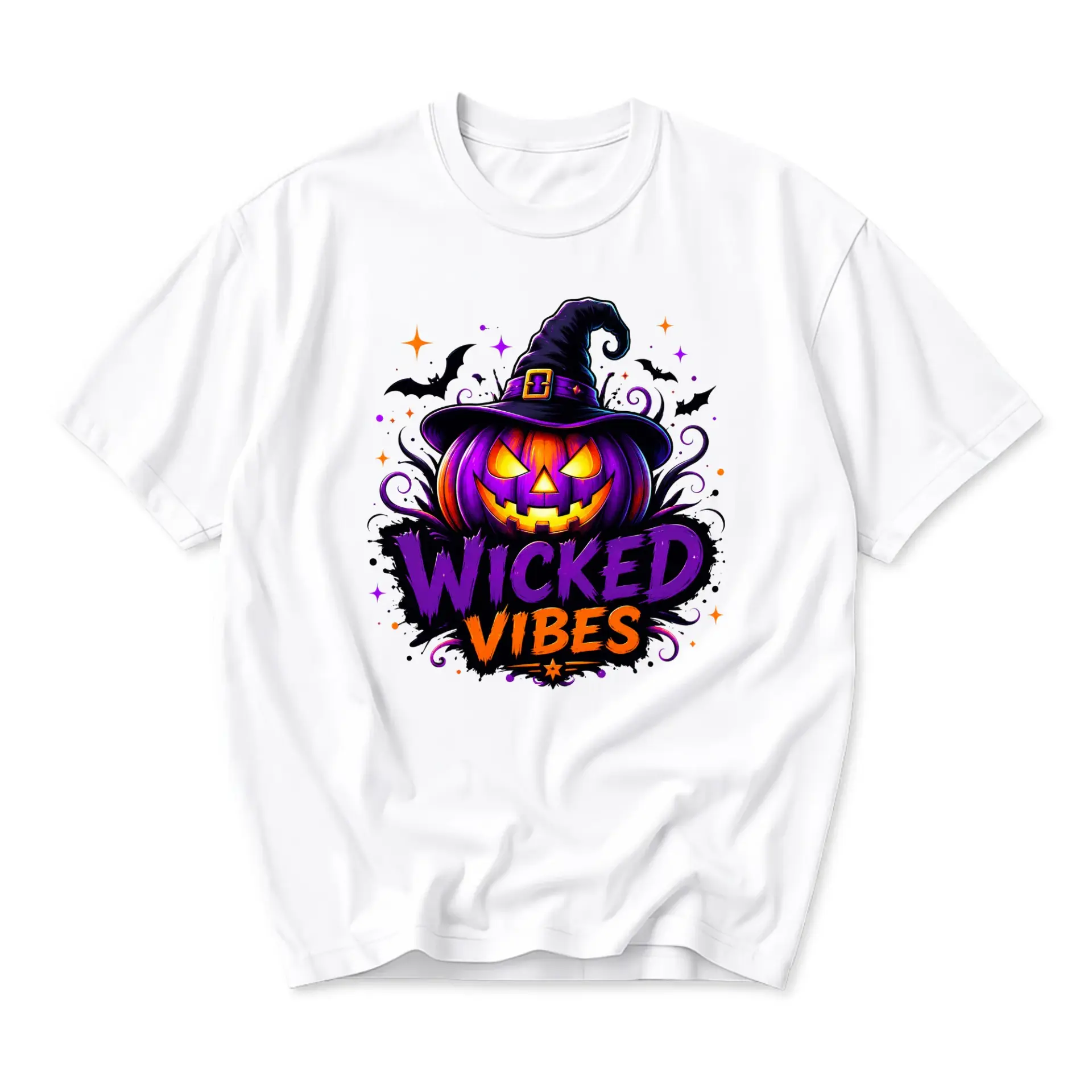 Graphic Tee Unisex Crew Neck Wicked Vibes Pumpkin Halloween Print Short Sleeve Casual Everyday Cotton Blend Shirt