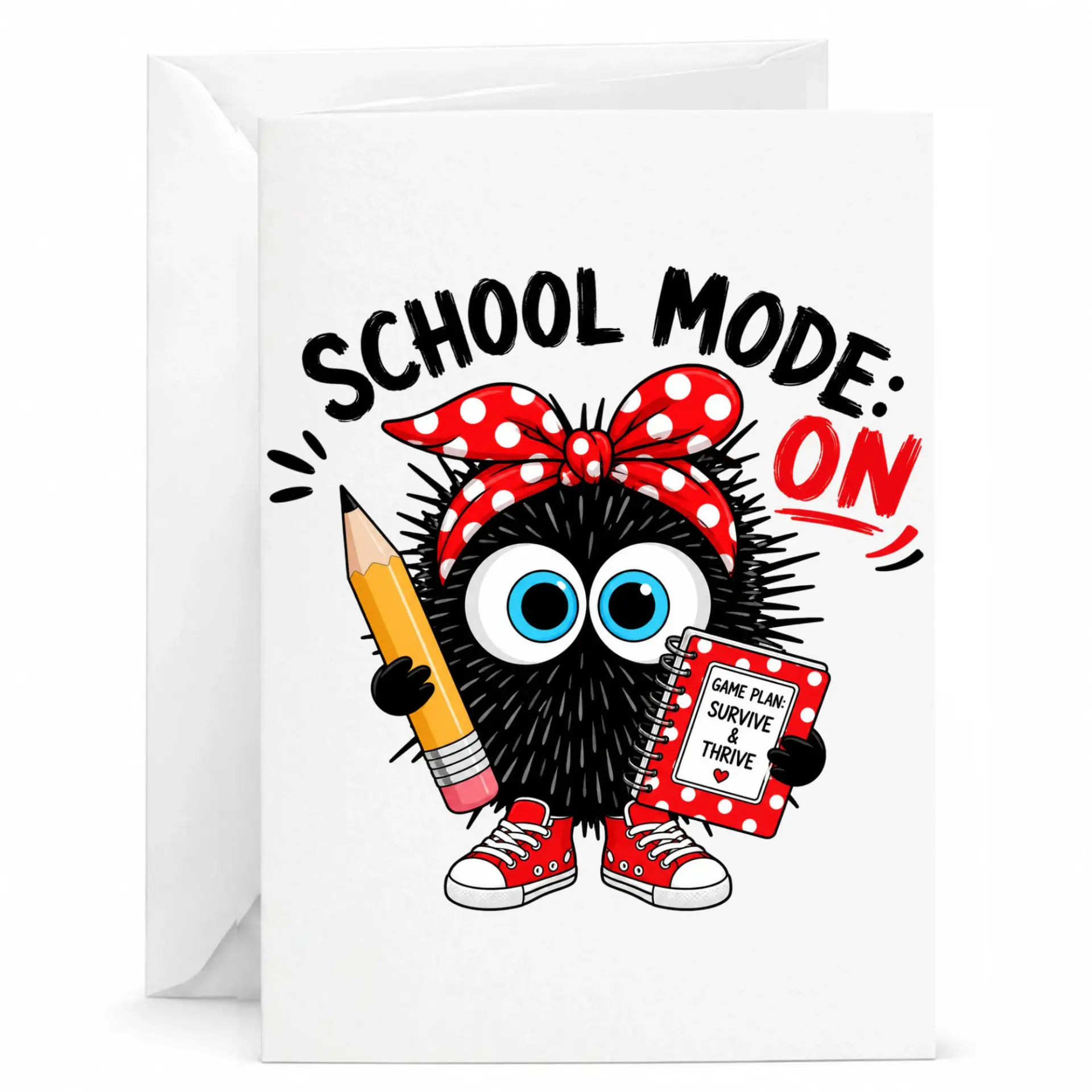 Funny Greeting Card School on Featuring Cute Character with Pencil and Notebook for Encouragement