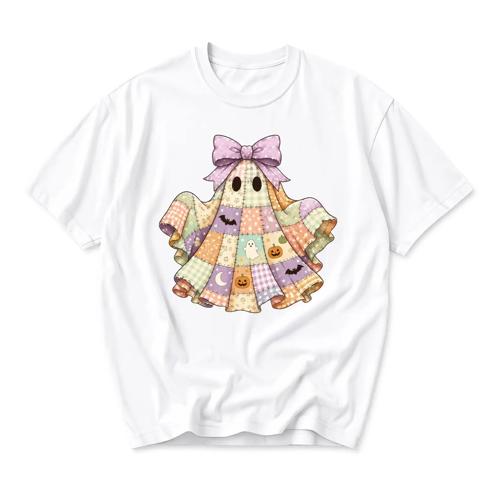 Graphic Tee Unisex Crew Neck Short Sleeve Shirt Featuring Cute Quilt Patchwork Ghost Print for Casual Everyday Wear