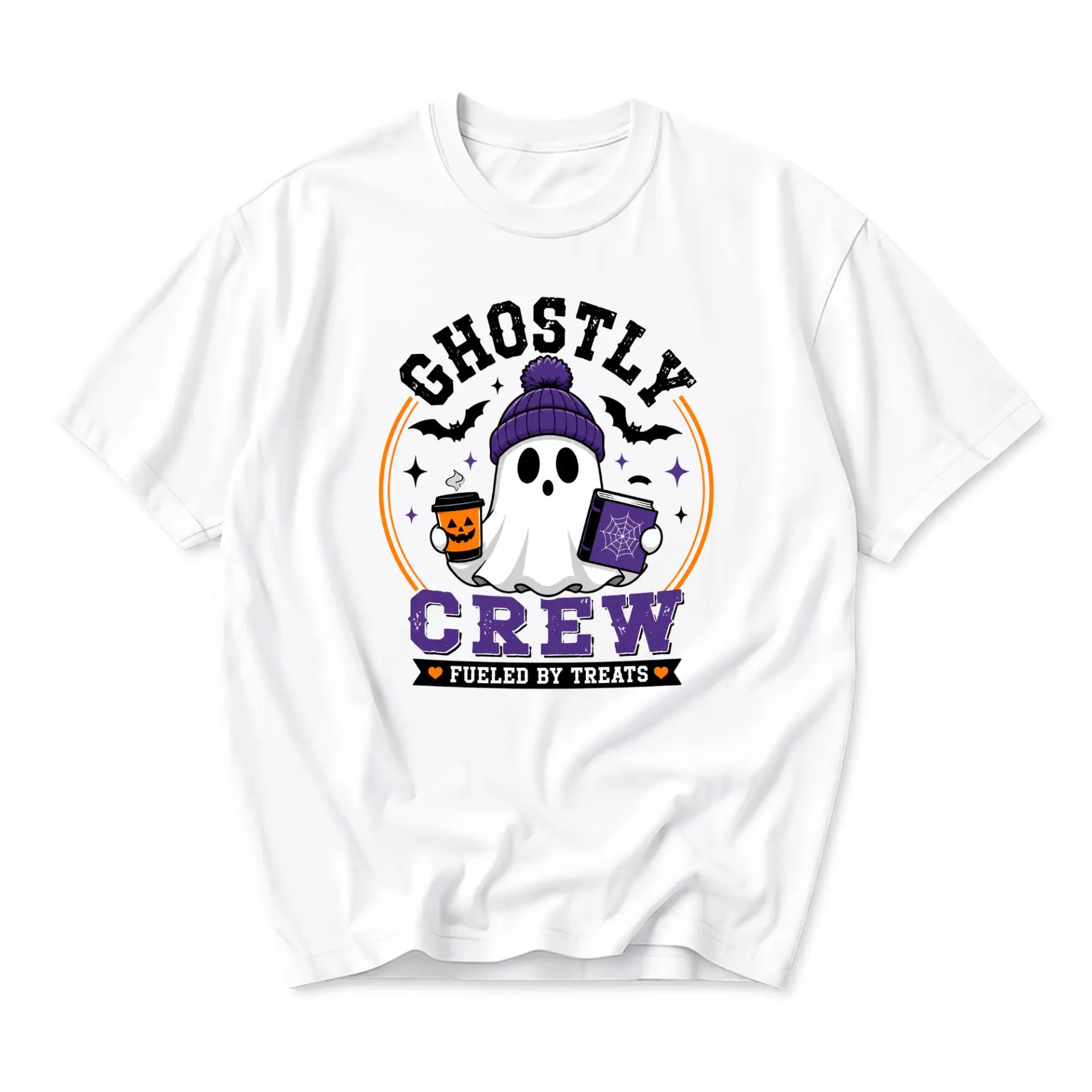Funny Shirt Ghostly Crew Fueled by Treats Graphic Tee Seasonal Holiday Unisex Casual Crew Neck Soft Cotton Blend Top
