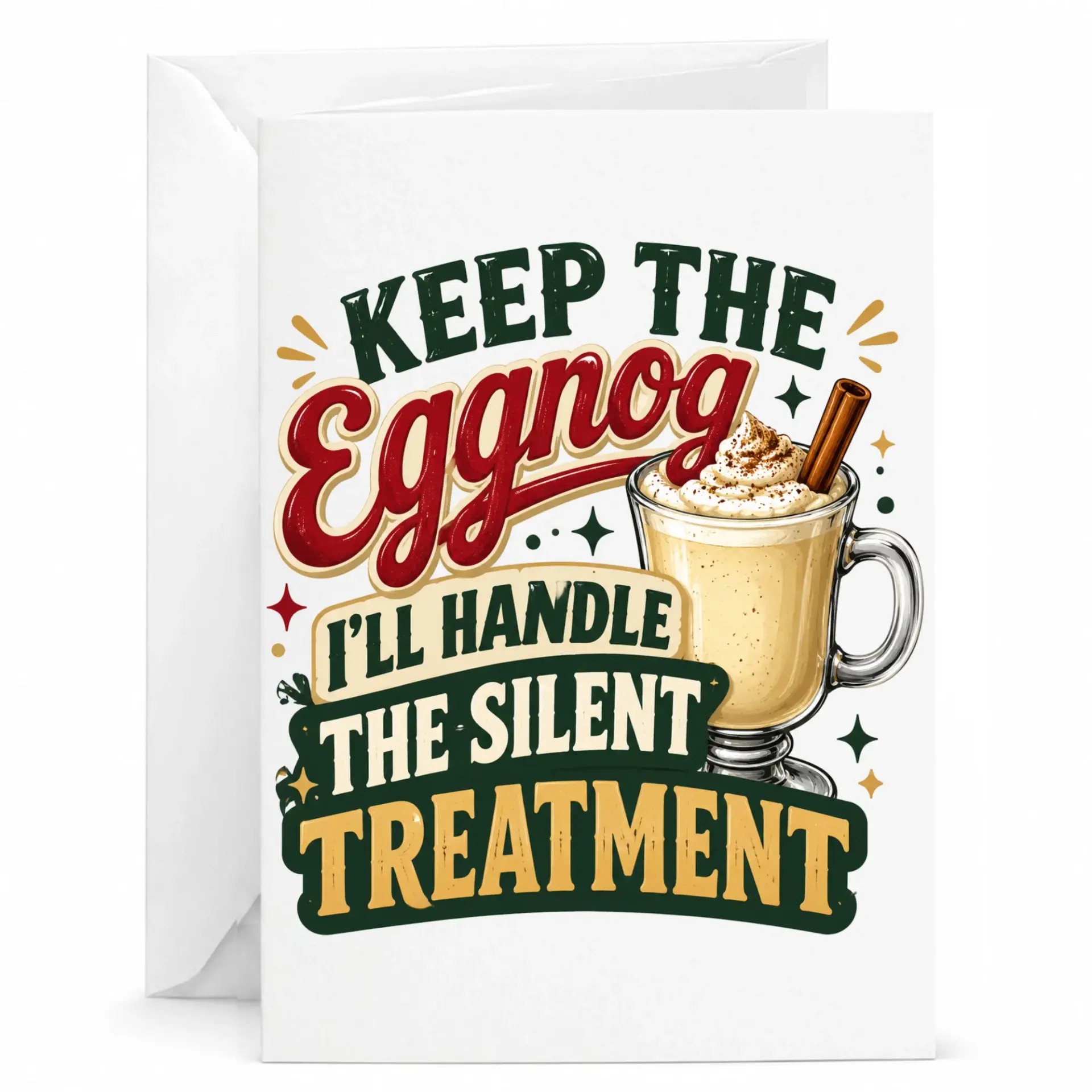 Funny Eggnog Holiday Greeting Card, Humorous Sarcastic Christmas Pun Note for Friends and Family, 5x7 Folded Stationery