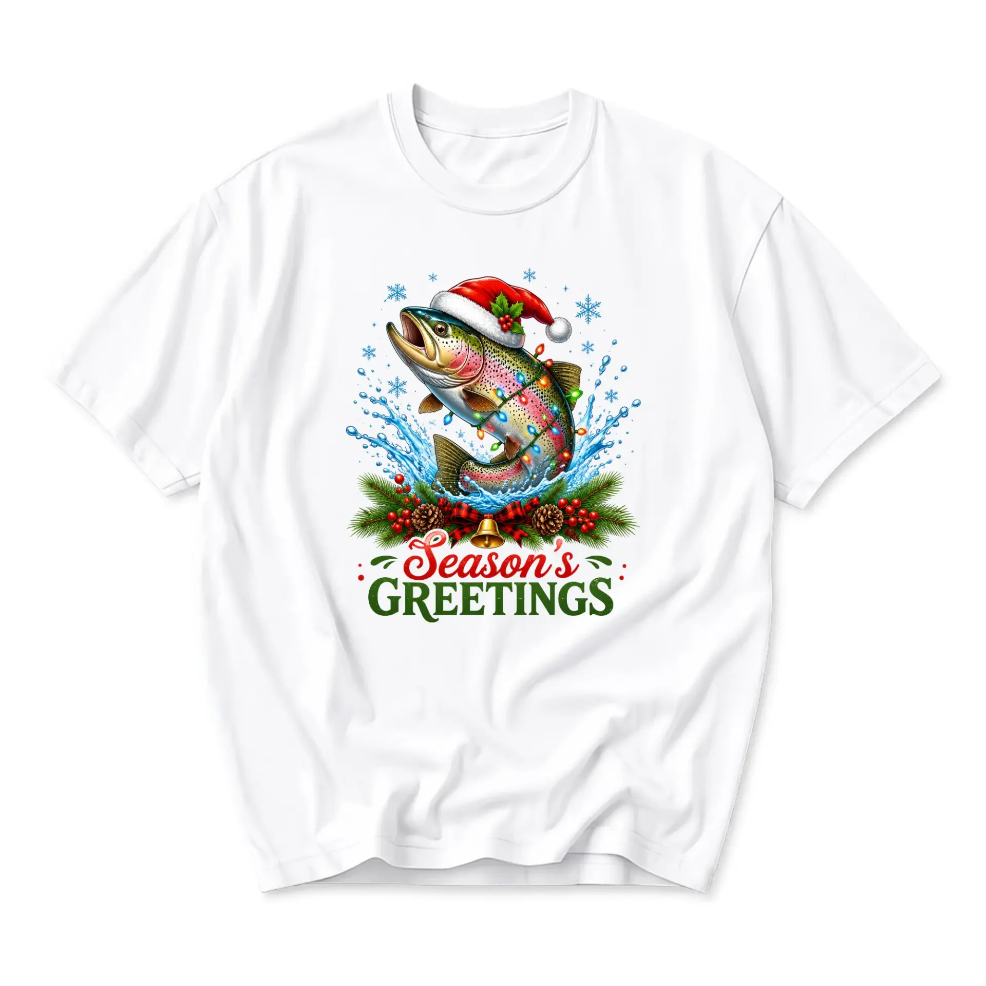 Funny Shirt Season Greetings Fishing Lover Holiday Graphic Tee Outdoors Unisex Crew Neck White T-Shirt