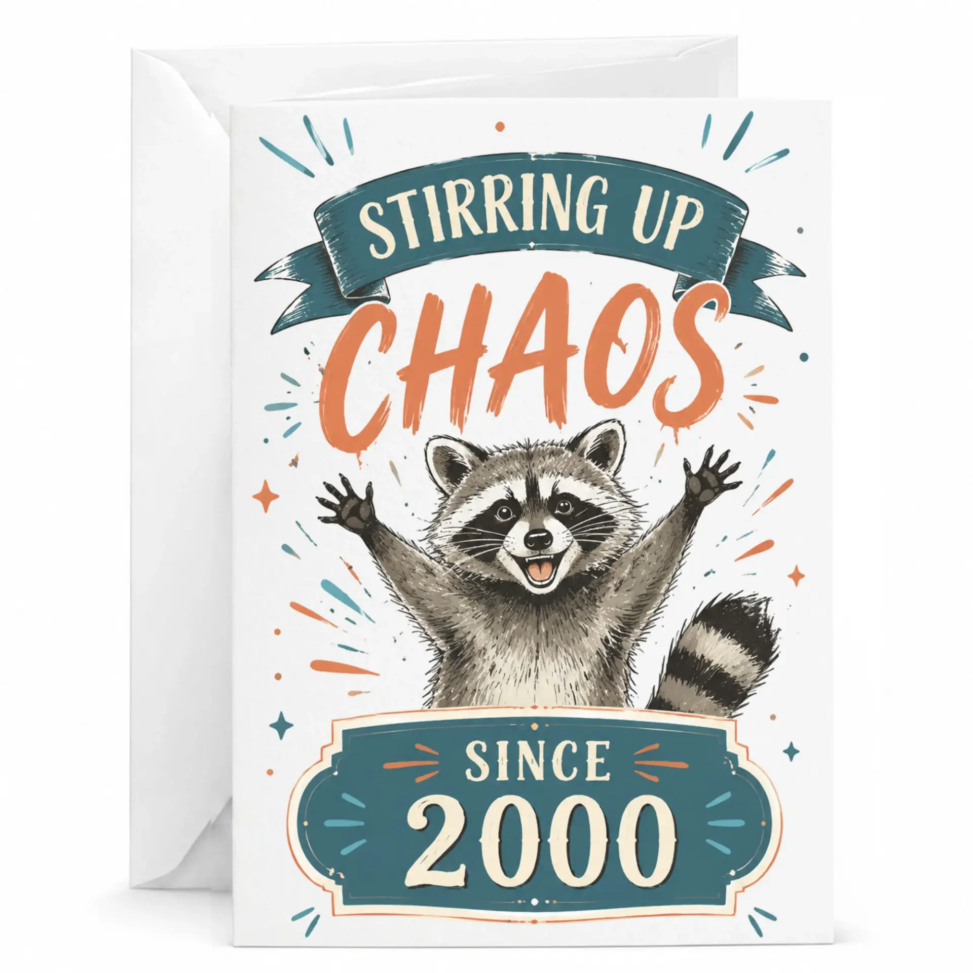 Funny Raccoon Birthday Card Stirring up Chaos Since 2000 Greeting Card for Milestone Birthday Anniversary Celebration