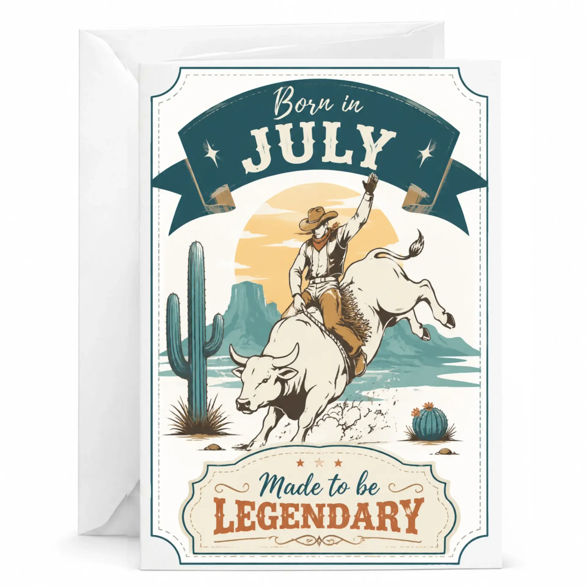 Birthday Greeting Card Born in July Made to Be Legendary Western Bull Rider Design with Matching White Envelope 5x7 Inch