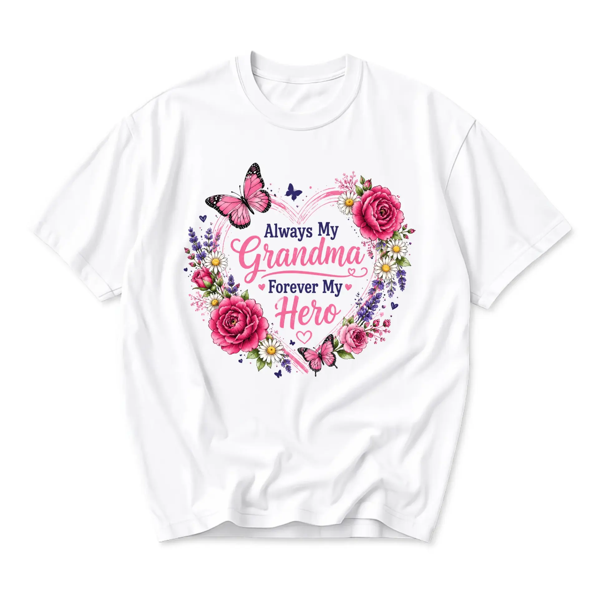 Graphic Tee Always My Grandma Forever My Hero Floral Heart Butterfly Print Unisex Crew Neck Casual Cotton Shirt