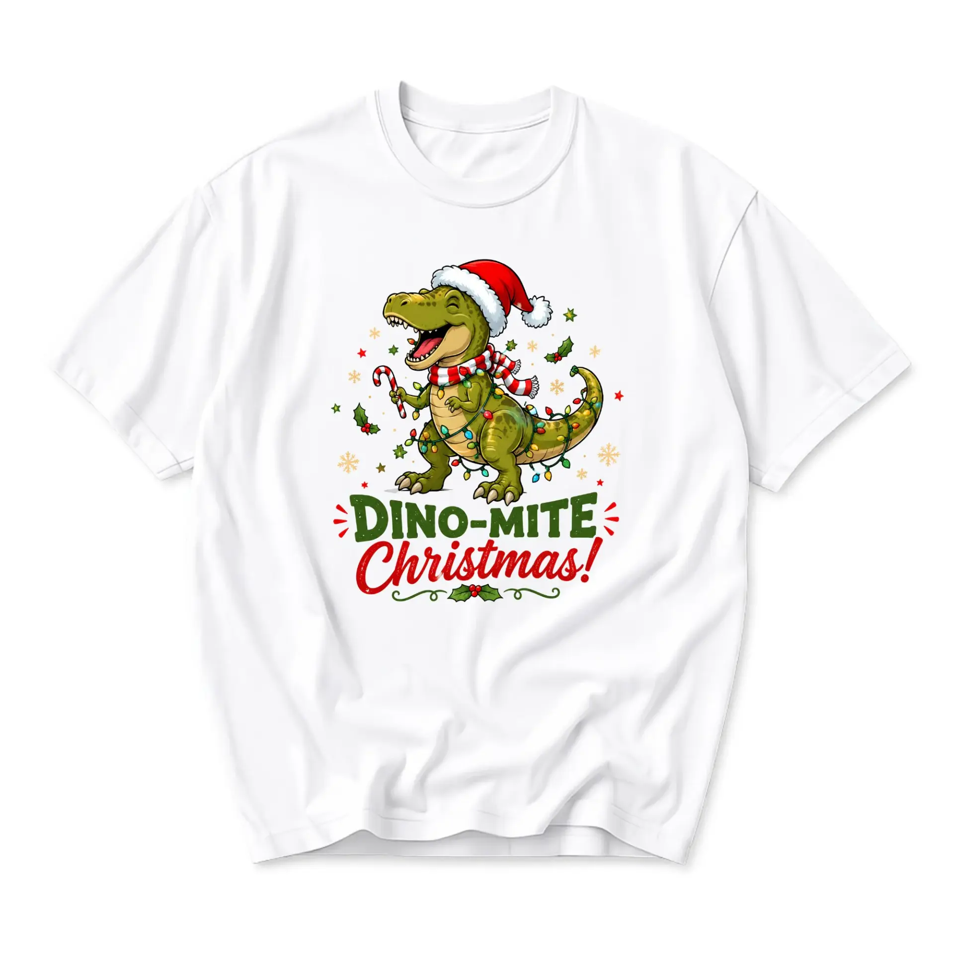 Graphic Tee Dino-Mite Christmas Shirt Funny Dinosaur Wearing Santa Hat Holiday Apparel Unisex Crew Neck Casual Top
