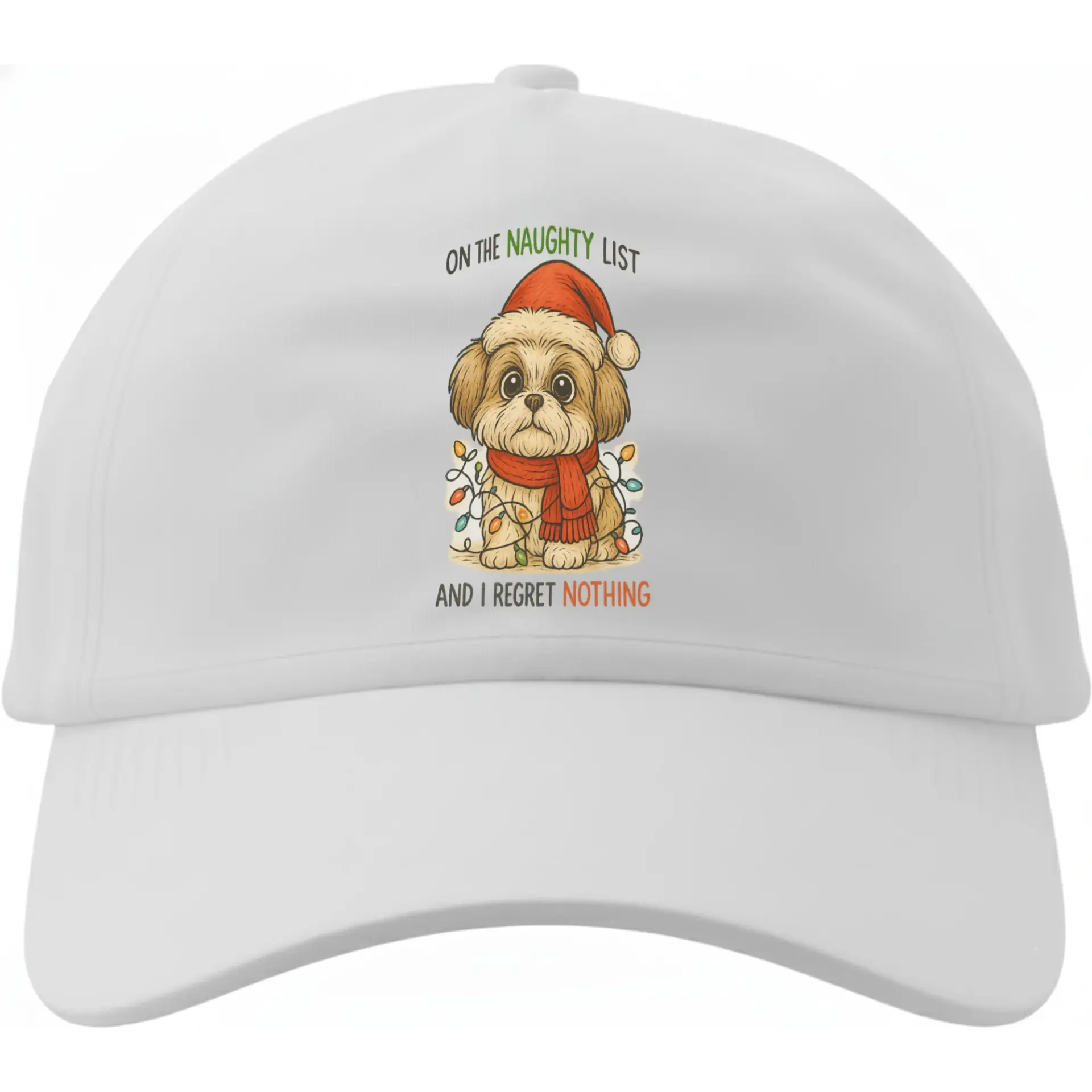 Dad Hat Baseball Cap Featuring Cute Puppy in Santa Hat with Christmas Lights Design for Casual Holiday Seasonal Wear