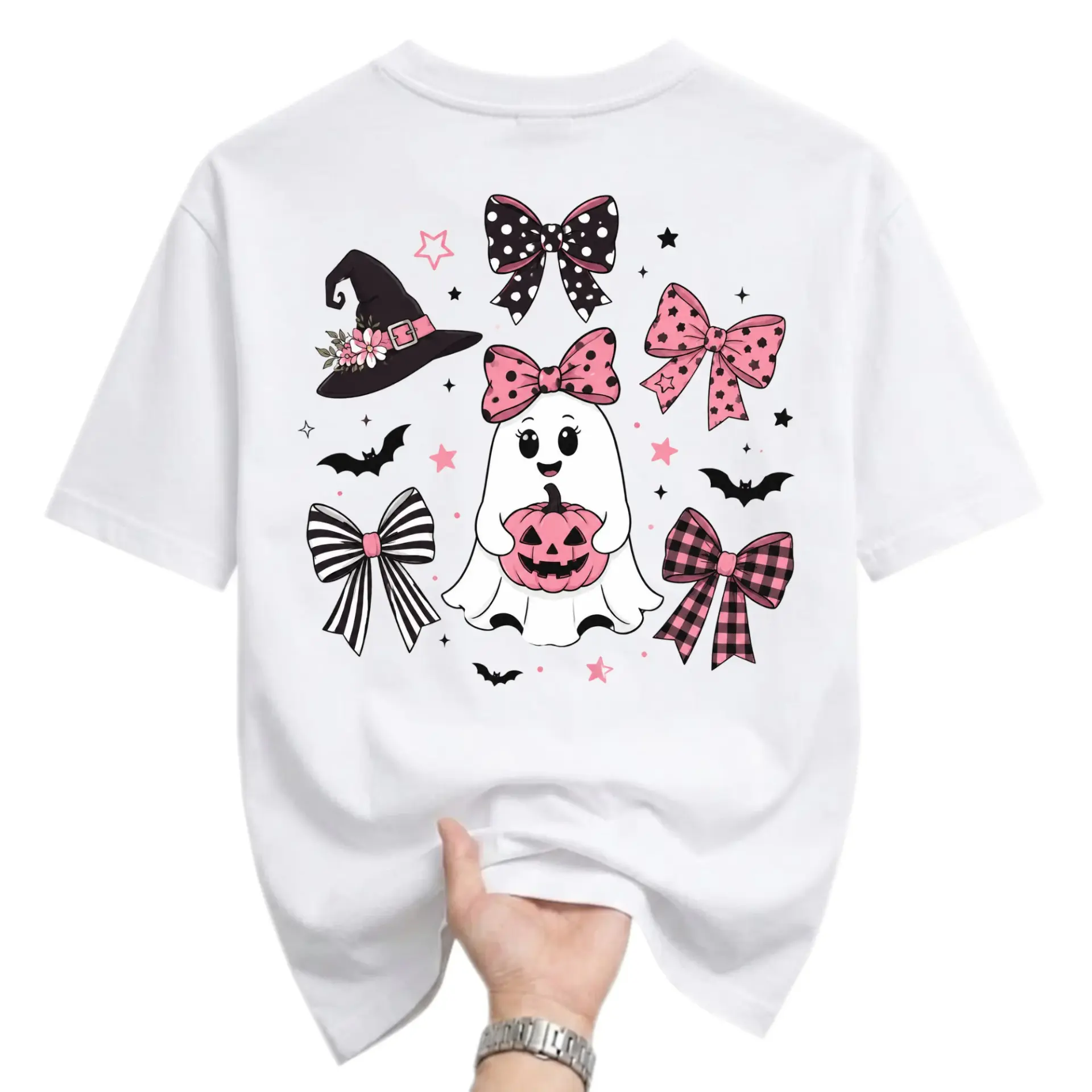 Graphic Tee Cute Ghost Holding Pumpkin with Bows Halloween Apparel Unisex Short Sleeve Casual Holiday Crew Neck Shirt