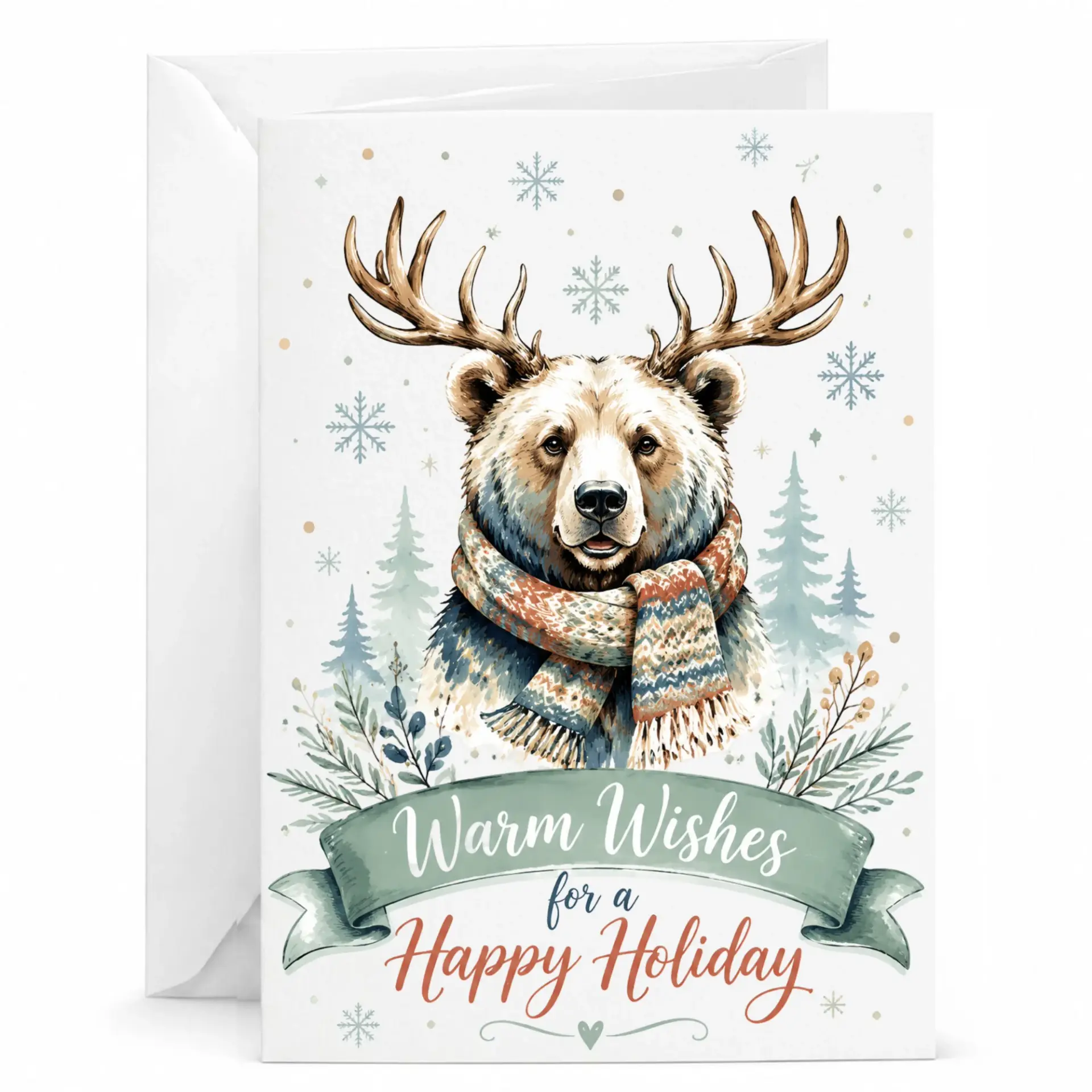 Holiday Greeting Card Featuring Watercolor Bear Wearing a Scarf with Warm Wishes for a Happy Holiday Festive Design