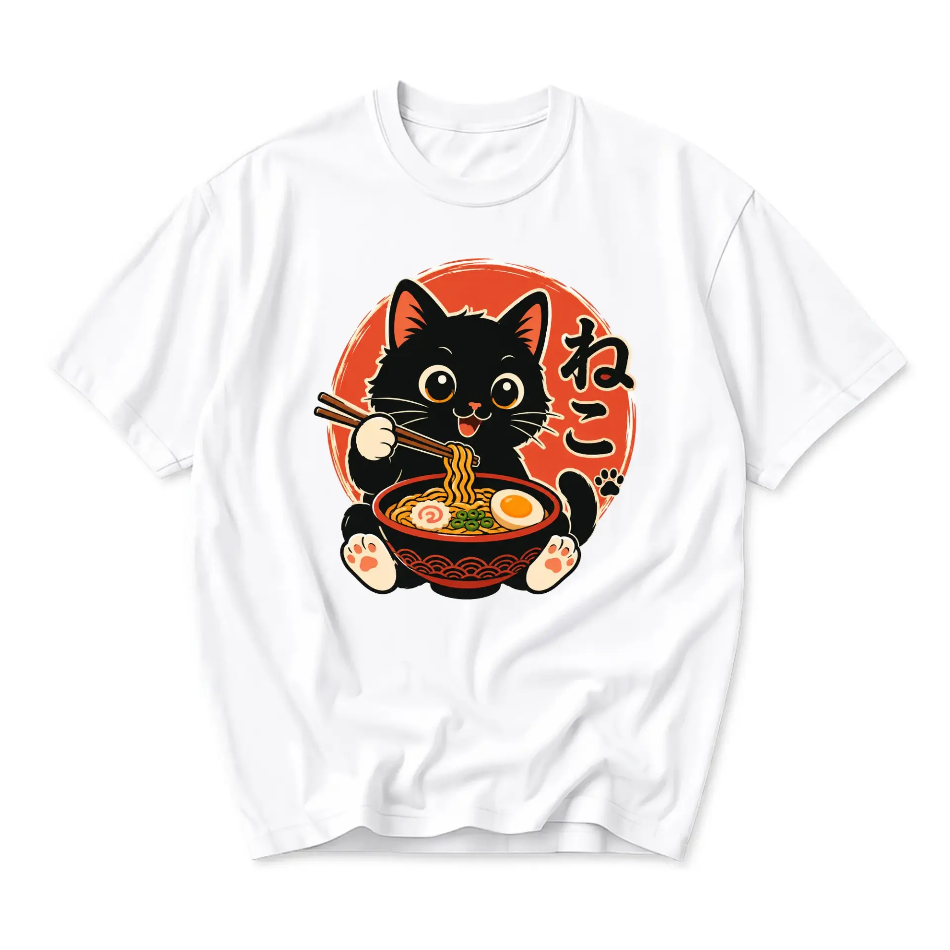 T-shirt Unisex Graphic Printed Tee Cute Black Cat Eating Ramen Noodles Japanese Style Casual Short Sleeve Top