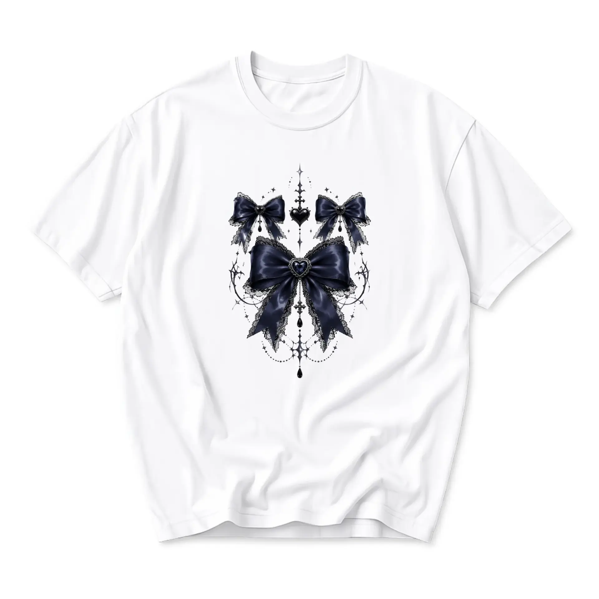 Graphic Tee Black Gothic Ribbon Bow Aesthetic Design Unisex Crew Neck Short Sleeve Shirt for Casual Everyday Fashion