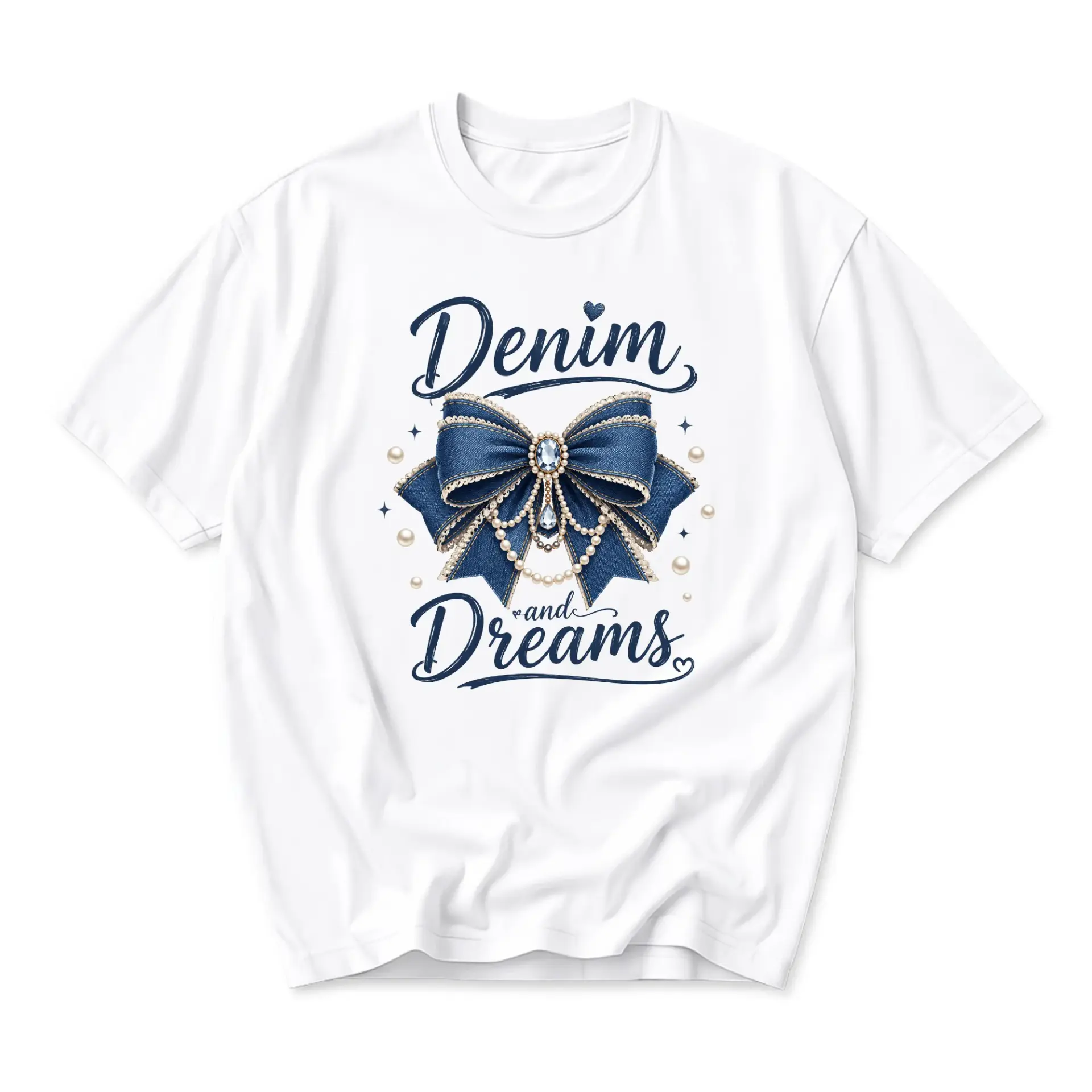 Graphic Tee Denim and Dreams Bow Aesthetic Art Print White Unisex Crew Neck Casual Everyday Short Sleeve T-Shirt