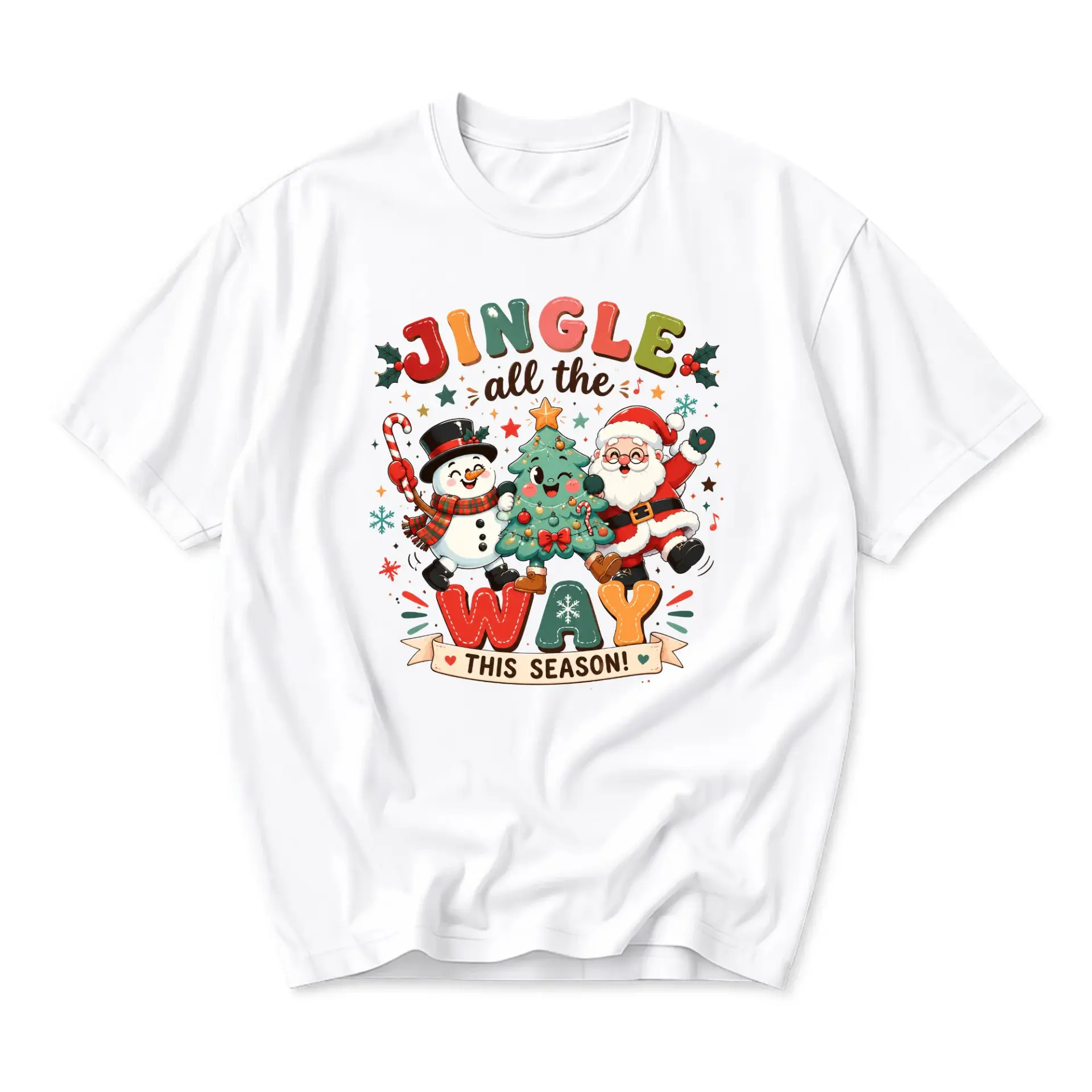 Graphic Tee Jingle All the Way Christmas Shirt Holiday Season Snowman Tree Santa Claus Unisex Crew Neck Apparel