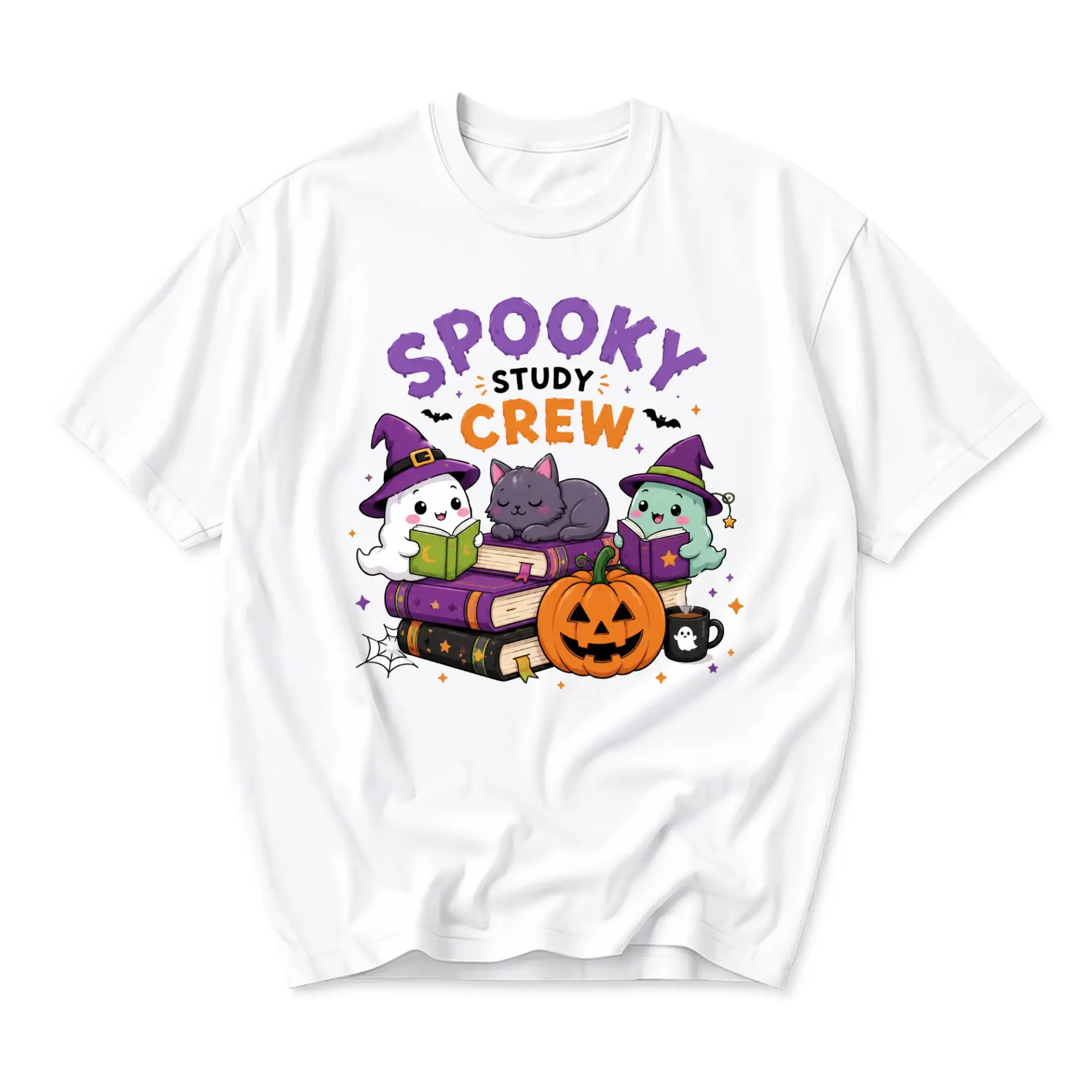 Graphic Tee Spooky Study Crew Halloween Shirt Cute Ghosts Reading Books Seasonal Unisex Crew Neck Cotton Top
