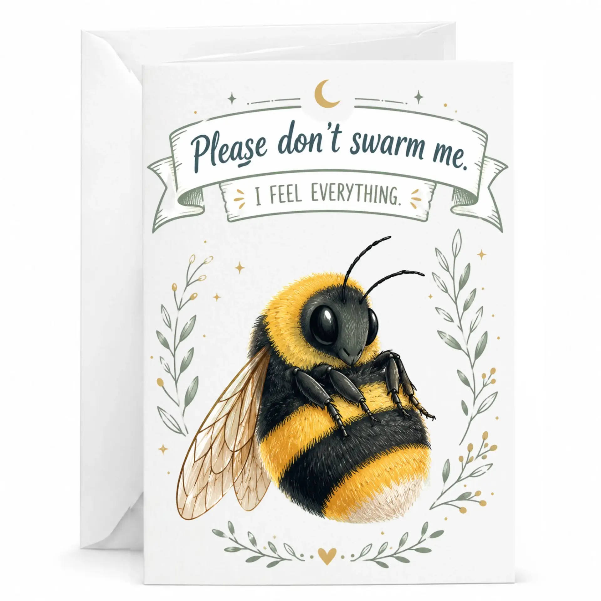 Funny Bee Greeting Card Please Don't Swarm Me I Feel Everything Illustration Blank Note for Any Occasion