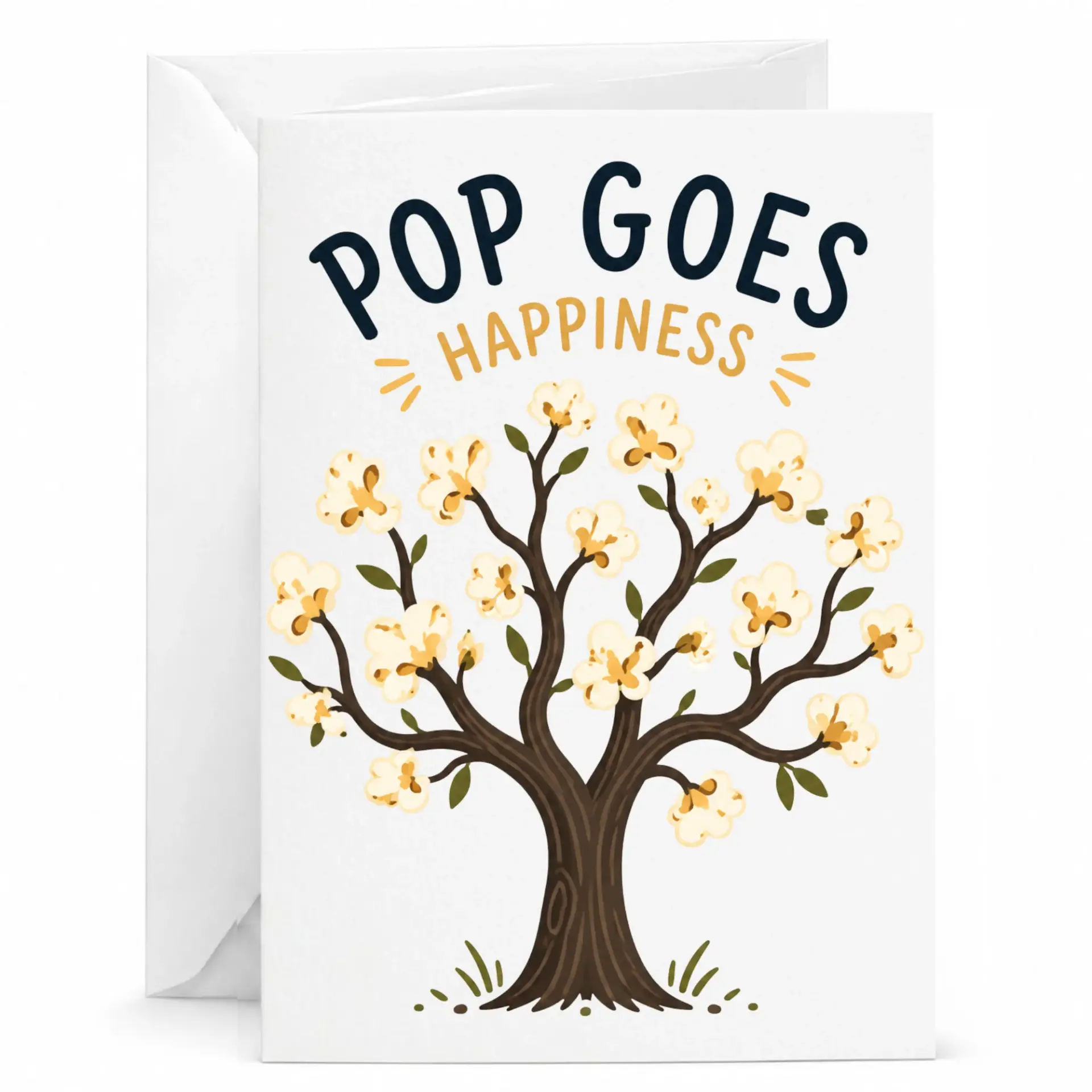 Funny Pop Goes Happiness Greeting Card Featuring Whimsical Popcorn Tree Illustration and Modern Typographic Design