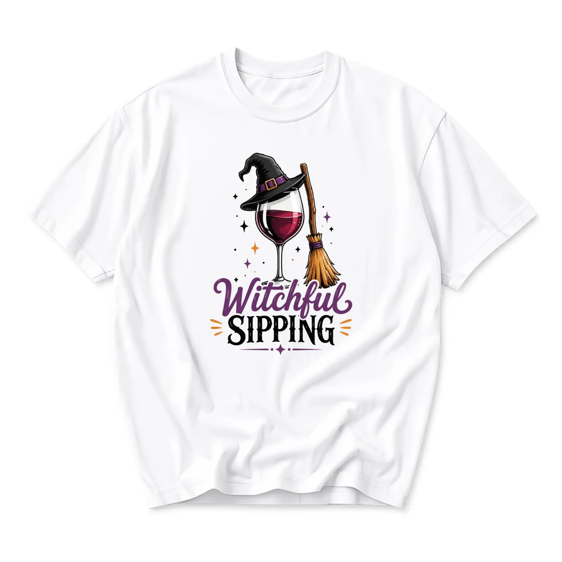 Funny Shirt Witchful Sipping Graphic Tee Unisex Cotton Crew Neck Casual Top for Wine Lovers and Holiday Enthusiasts
