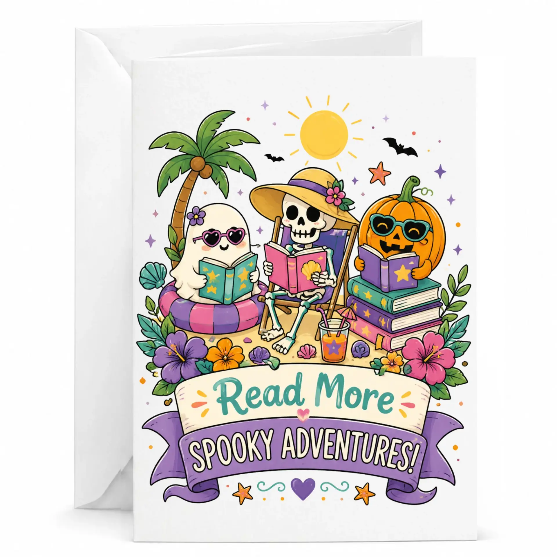 Funny Greeting Card Read More Spooky Tropical Skeleton Pumpkin Beach Reading Design Stationery Note