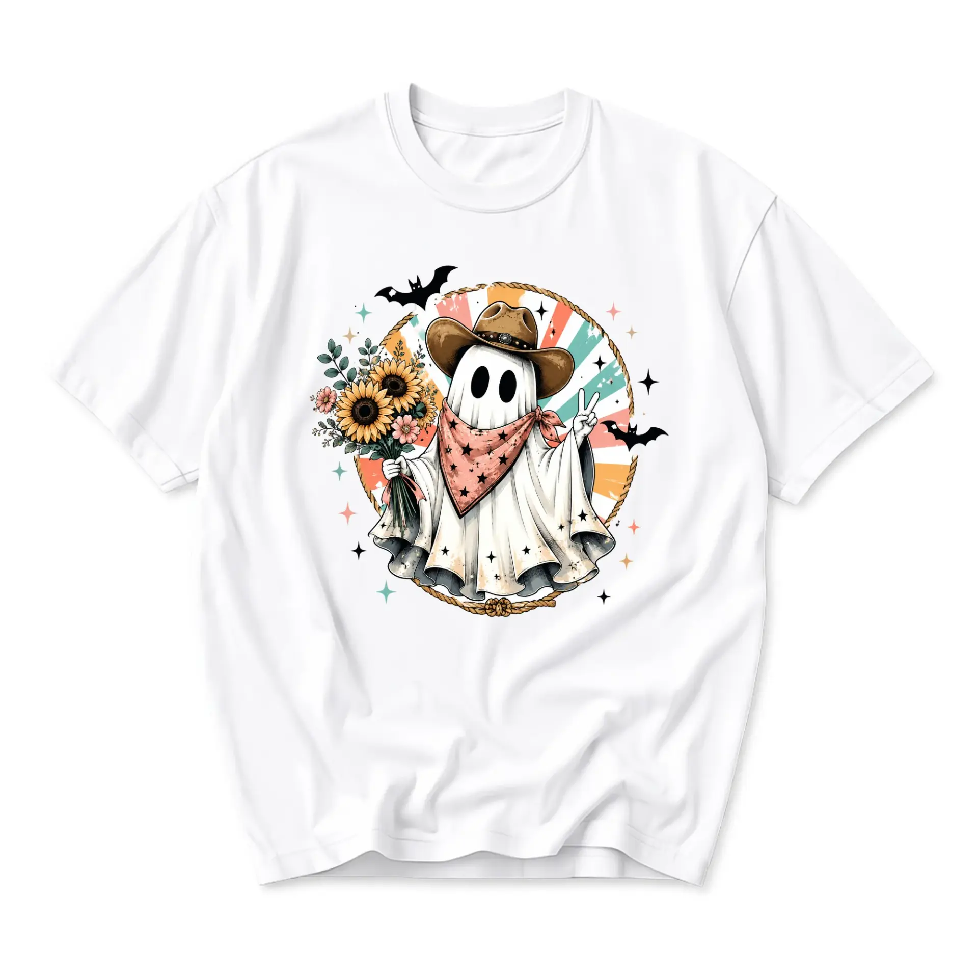 Graphic Tee Cowboy Ghost Sunflower Western Boho Style Unisex Crew Neck Casual Everyday Short Sleeve Cotton T-Shirt