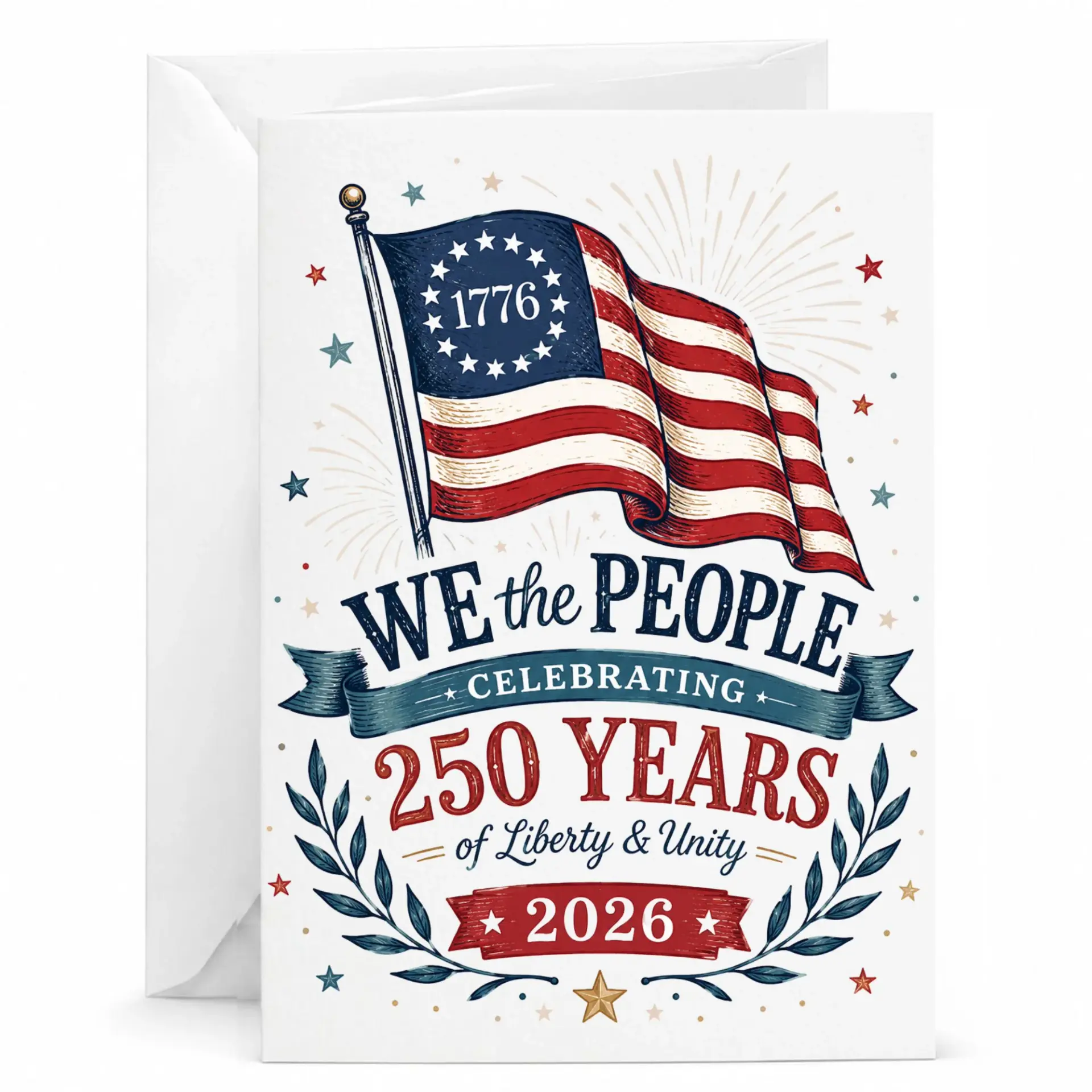 Greeting Card Celebrating 250 Years of and Unity with Patriotic 1776 Flag Design Decorative Accents