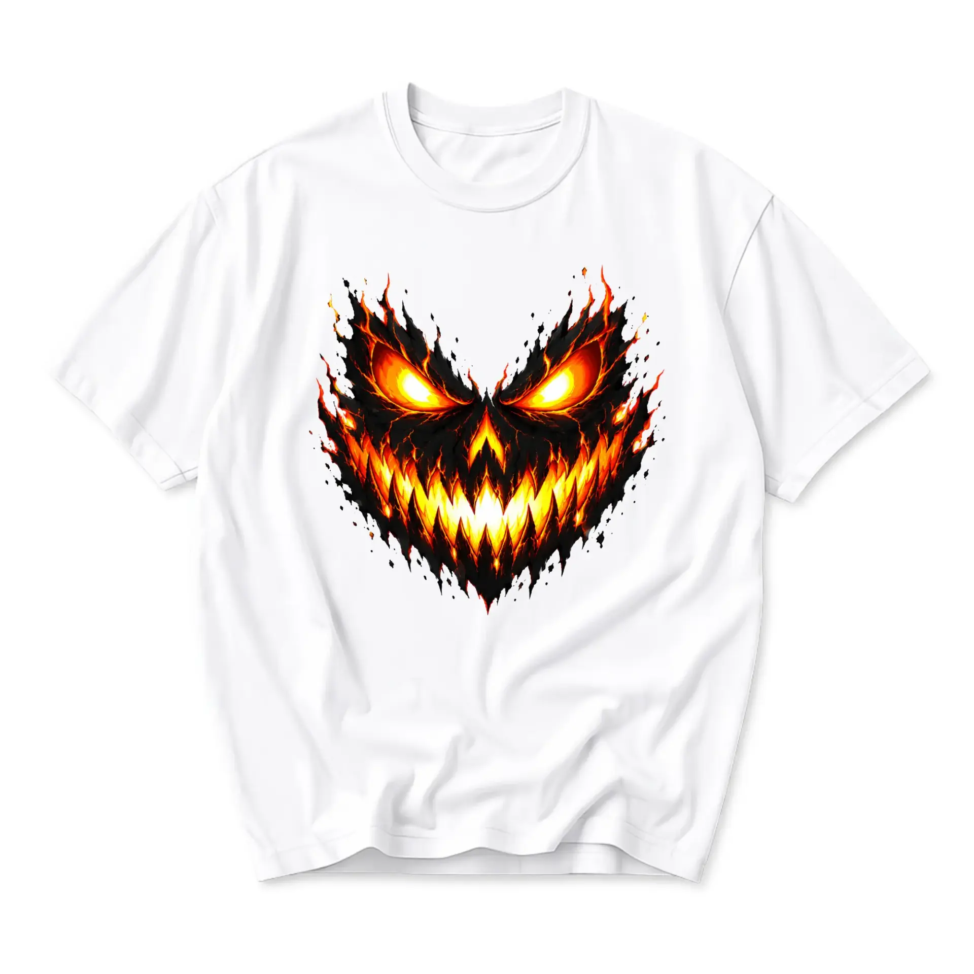 Graphic Tee Unisex Crew Neck Short Sleeve Shirt Featuring Scary Flaming Jack O Lantern Face Print for Seasonal Wear