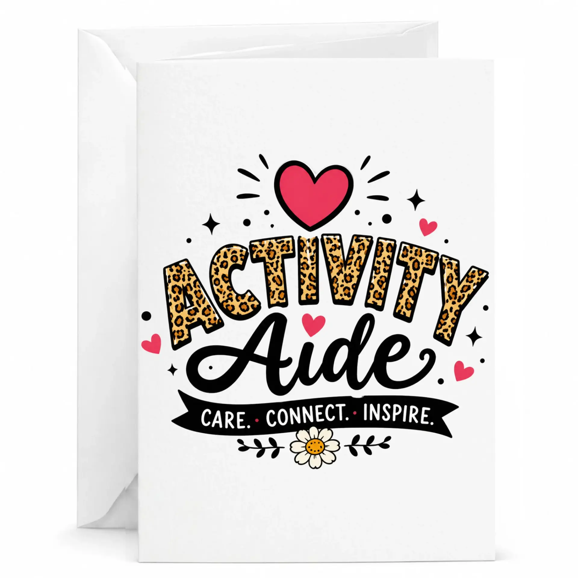 Greeting Card for Activity Aide Appreciation Featuring Leopard Print Design and Inspirational Caregivers
