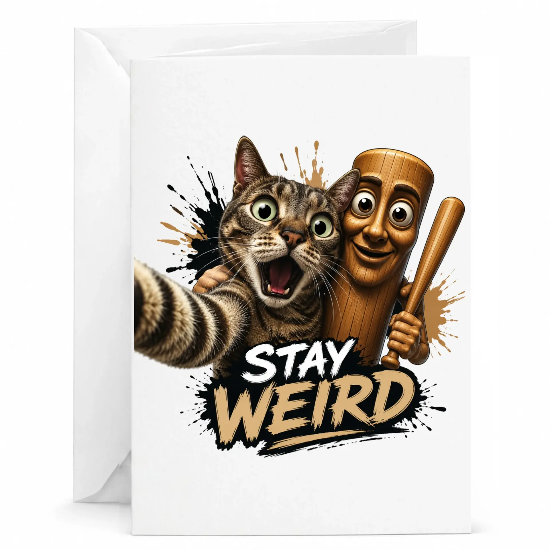 Funny Stay Greeting Card Featuring and Wooden Baseball Bat Character Design for Friends Family