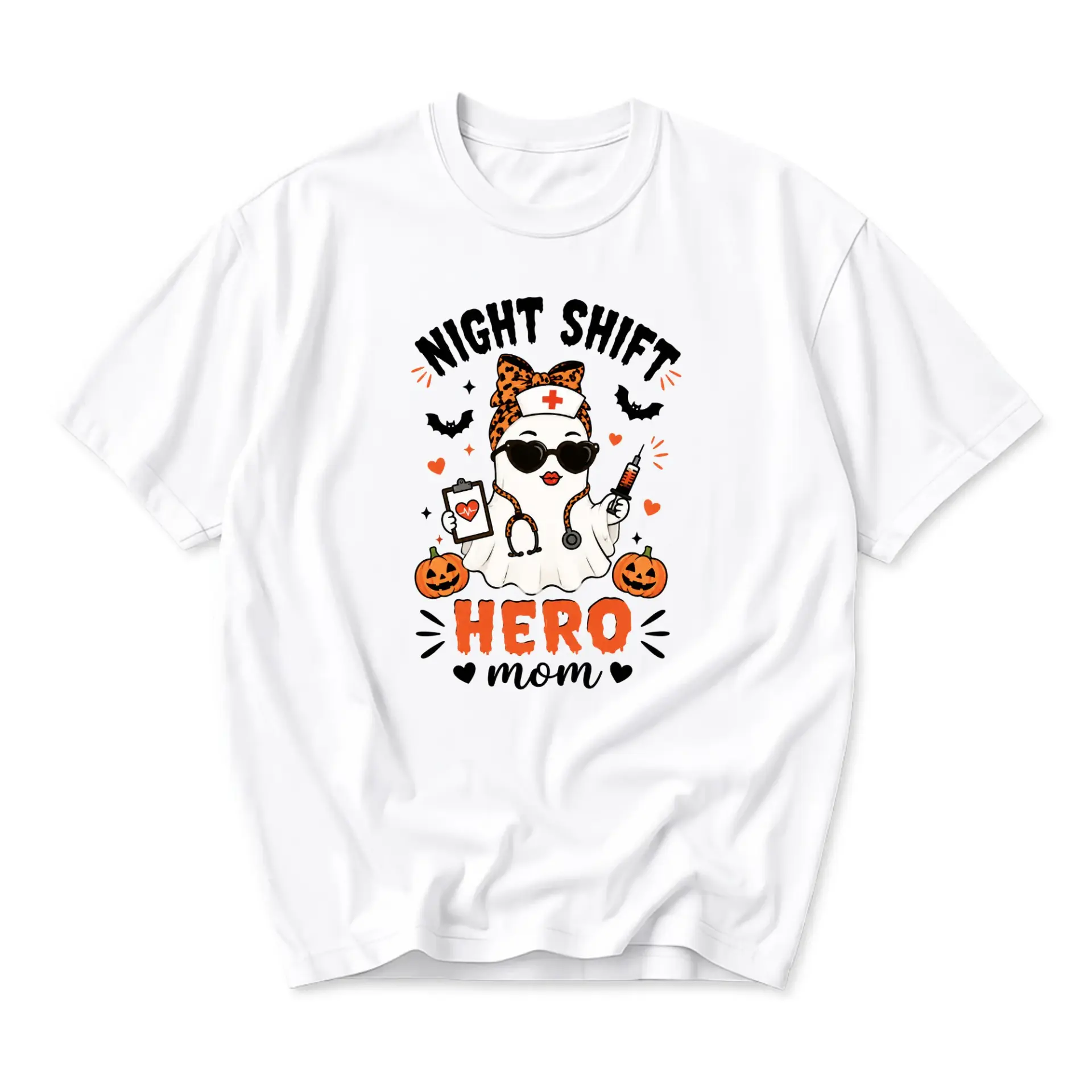 Graphic Tee Night Shift Hero Mom Spooky Ghost Nurse Design Unisex Casual Cotton Crew Neck Short Sleeve Shirt
