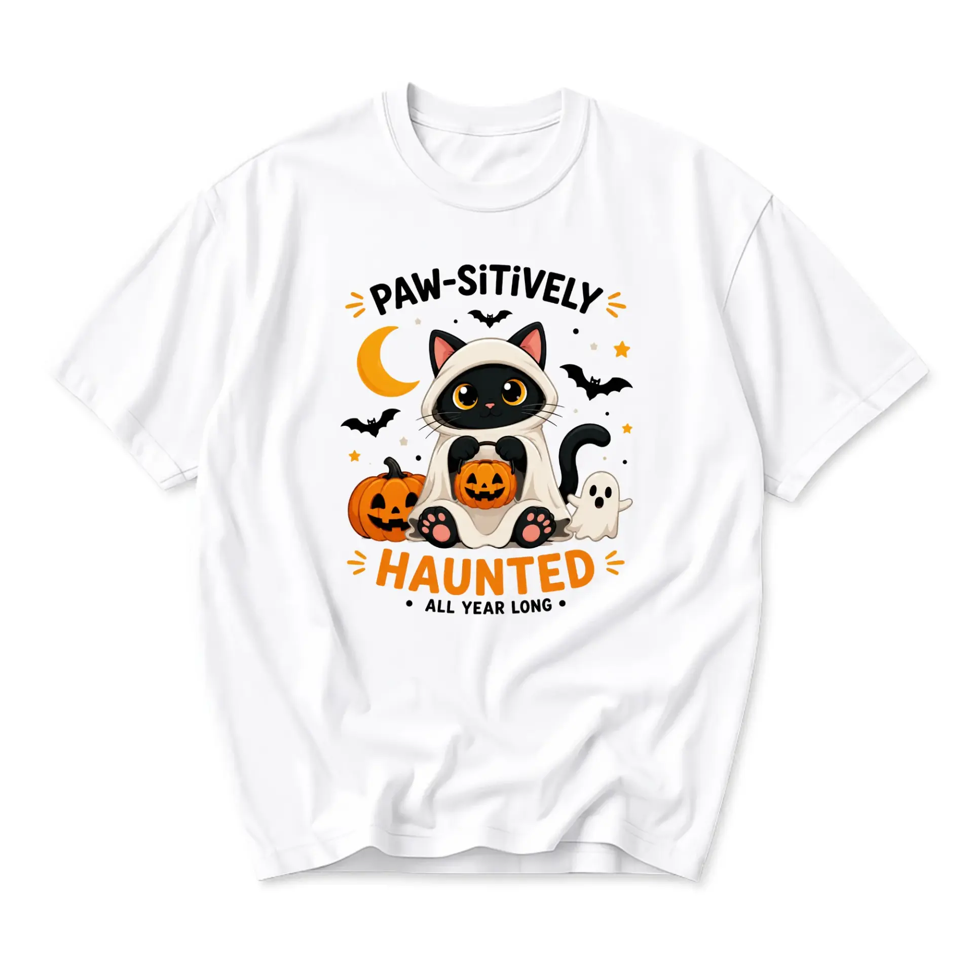 Graphic Tee Unisex Cat Halloween Shirt Paw-Sitively Haunted Fall Season Casual Crew Neck Short Sleeve Apparel