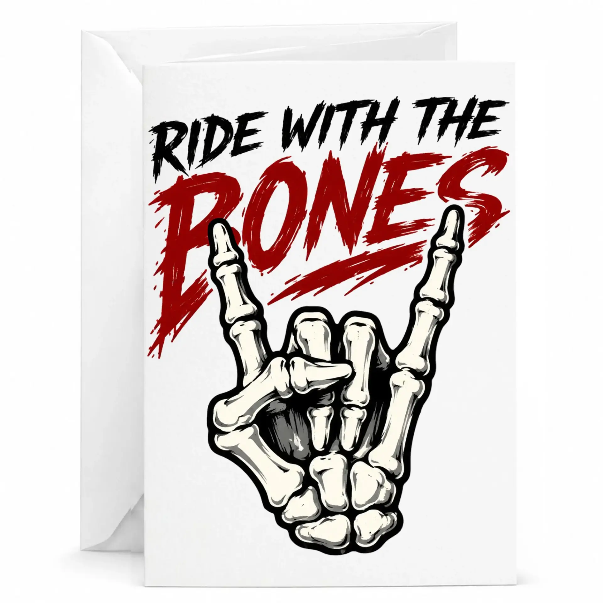 Funny Greeting Card Ride with the Bones Skeleton Rock Hand Gesture Design for Birthday Anniversary and Celebration