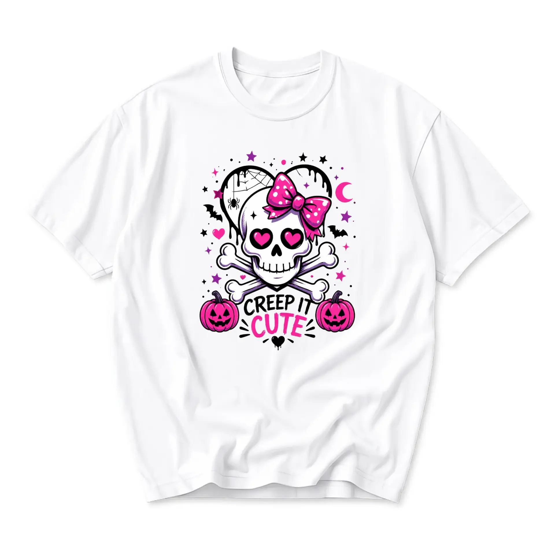 Graphic Tee Creep It Cute Skull Bow Halloween T-Shirt Unisex Crew Neck Casual Everyday Wear Soft Cotton Shirt