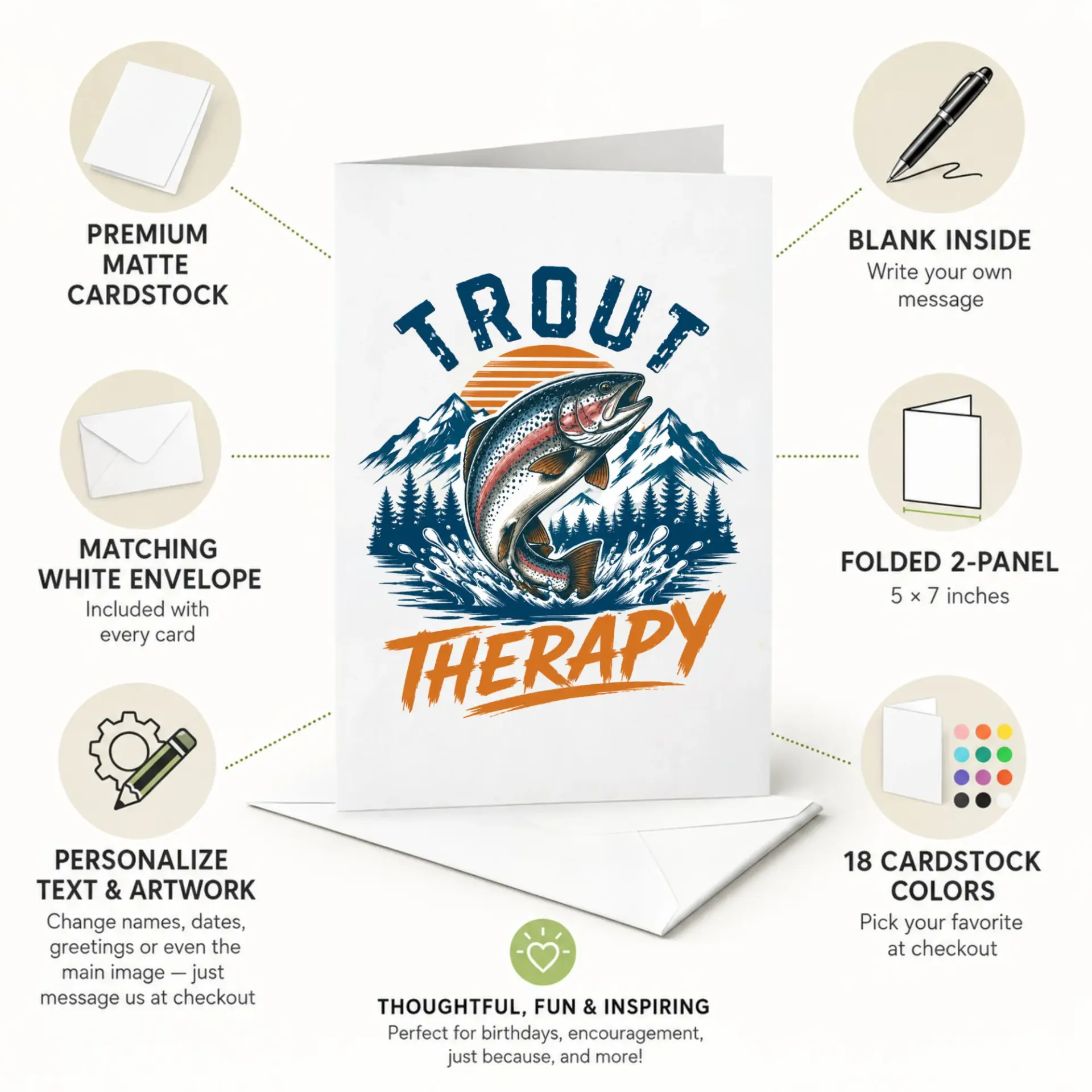 Greeting Card Trout Therapy Fishing Theme Professional Print with Matching Envelope for Outdoor Enthusiasts