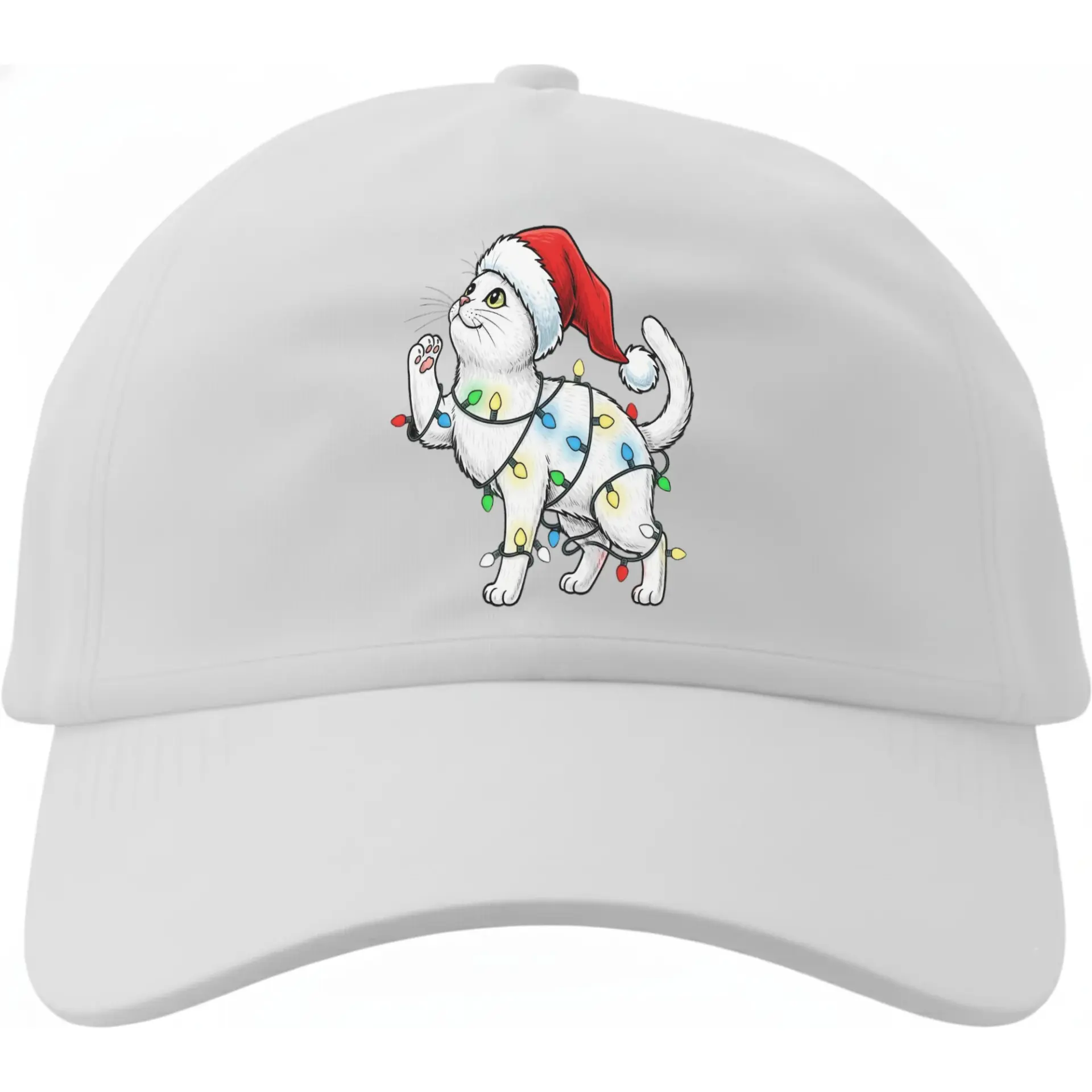 Baseball Cap Featuring a Festive Cat Wearing a Santa Hat and Tangled in Colorful Christmas Lights for Holiday Wear