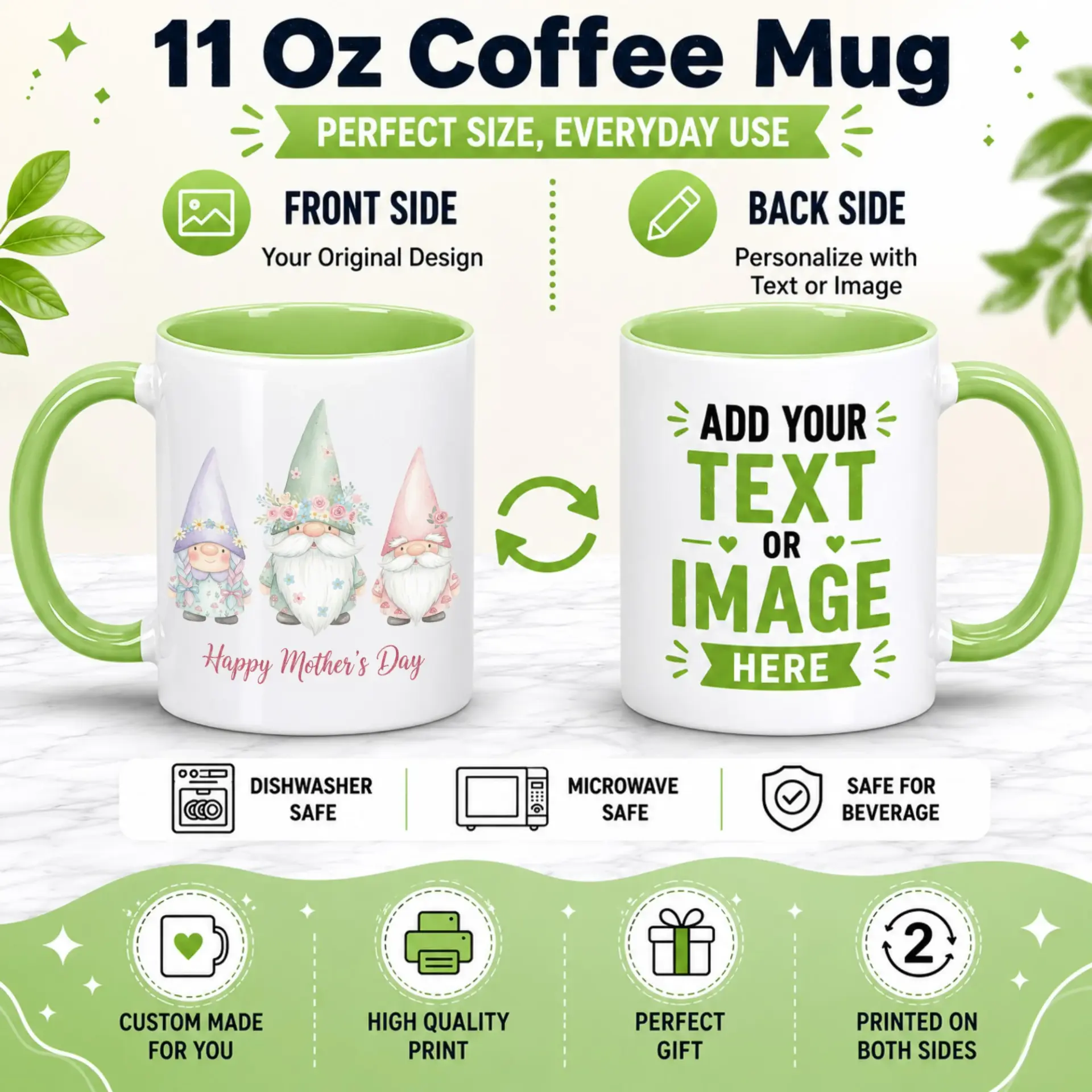 Coffee Mug Floral Gnomes Happy Mother's Day Ceramic Beverage 11oz or 15oz White Glossy Finish Gift Cup