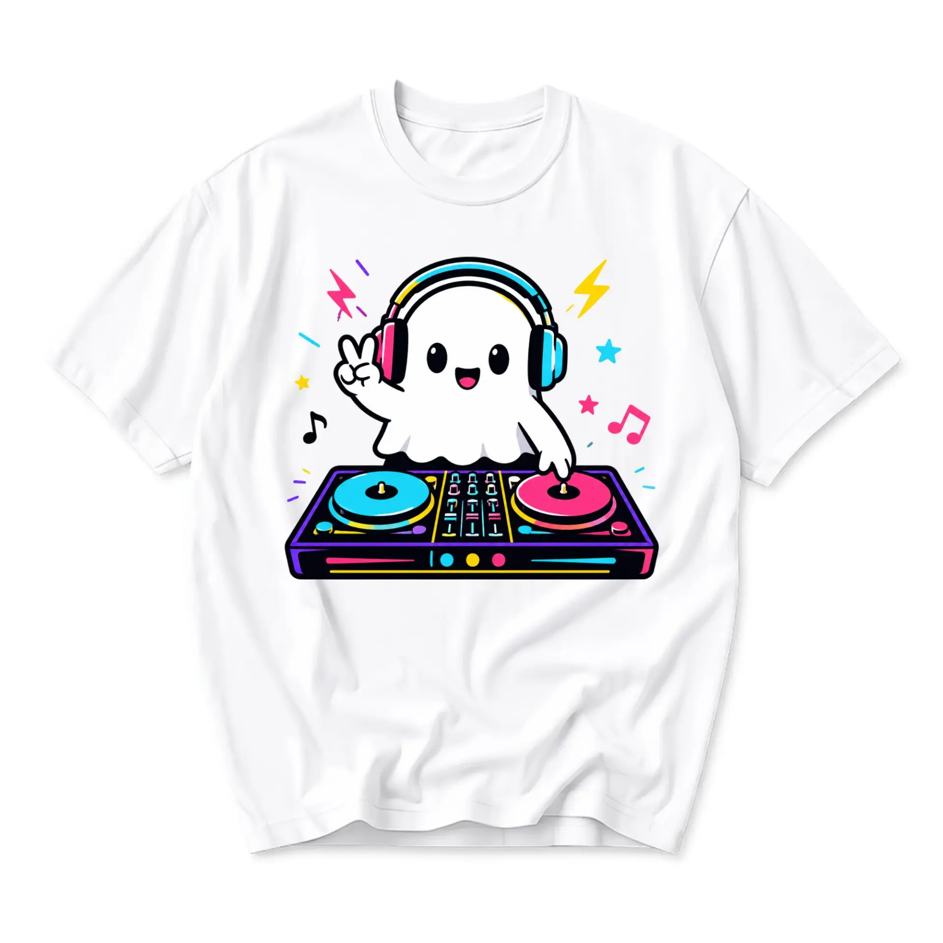 Graphic Tee Unisex Crew Neck Short Sleeve Shirt Featuring Cute Dj Ghost Music Producer Design for Casual Everyday Wear