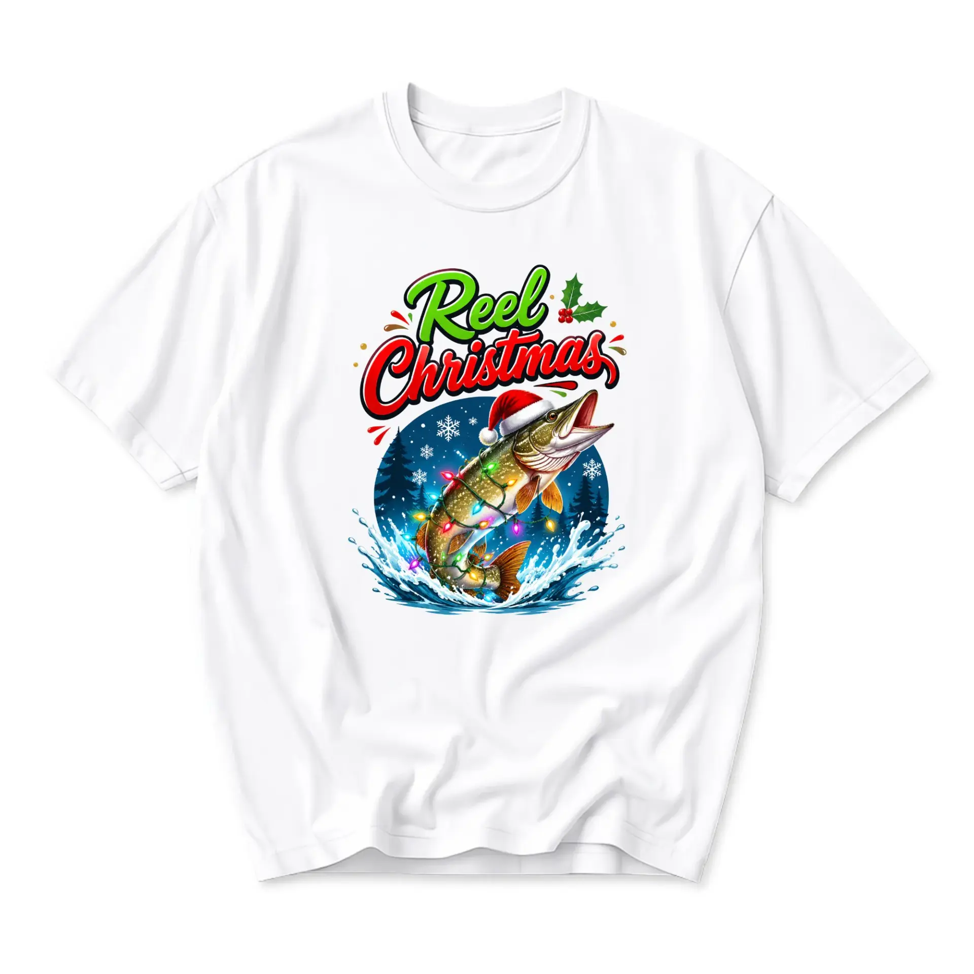 Funny Shirt Reel Christmas Fishing Graphic Tee Casual Unisex Crew Neck Holiday Apparel for Men and Women White