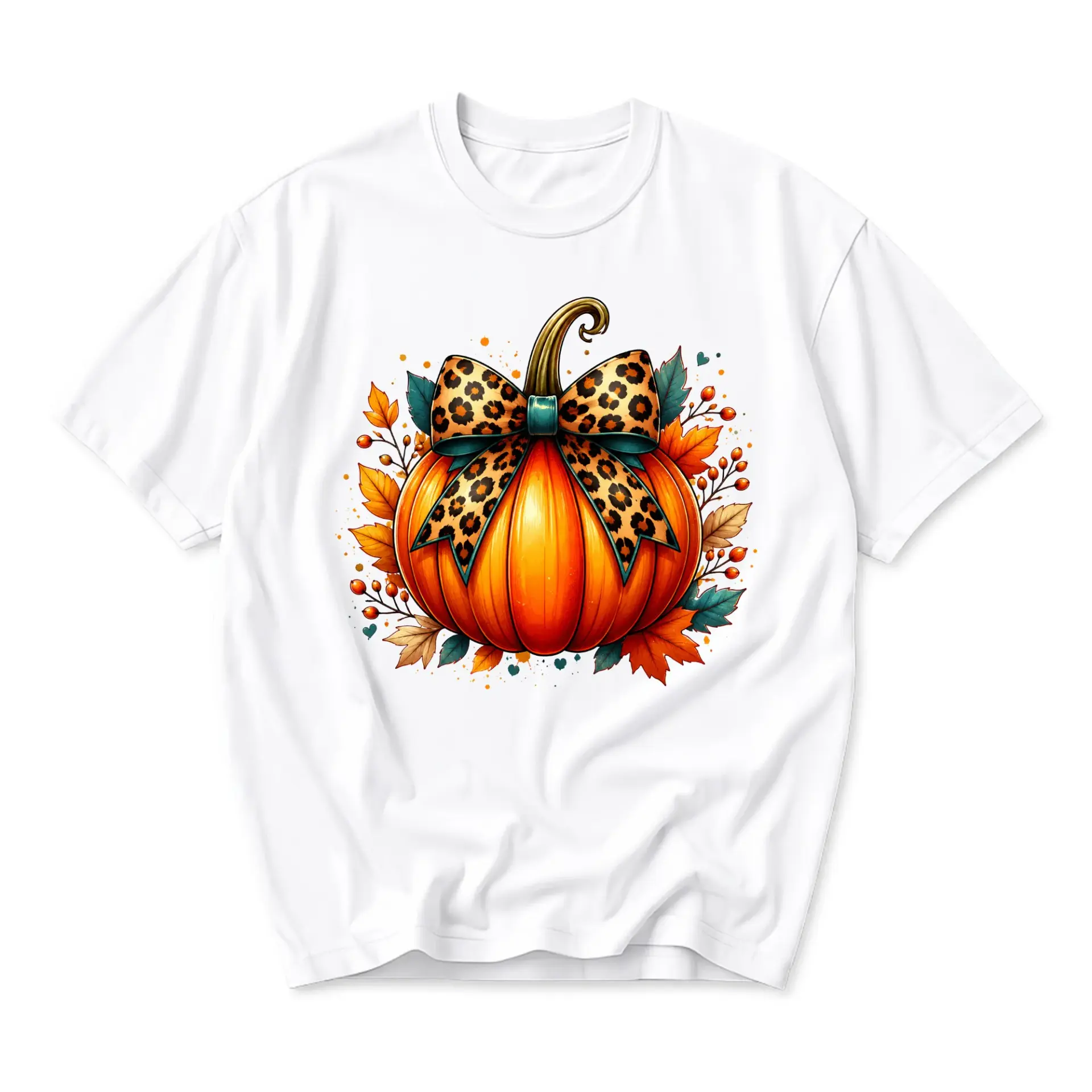 Graphic Tee Unisex Pumpkin with Leopard Print Bow Fall Seasonal Apparel Comfortable Cotton Blend Crew Neck Casual Shirt
