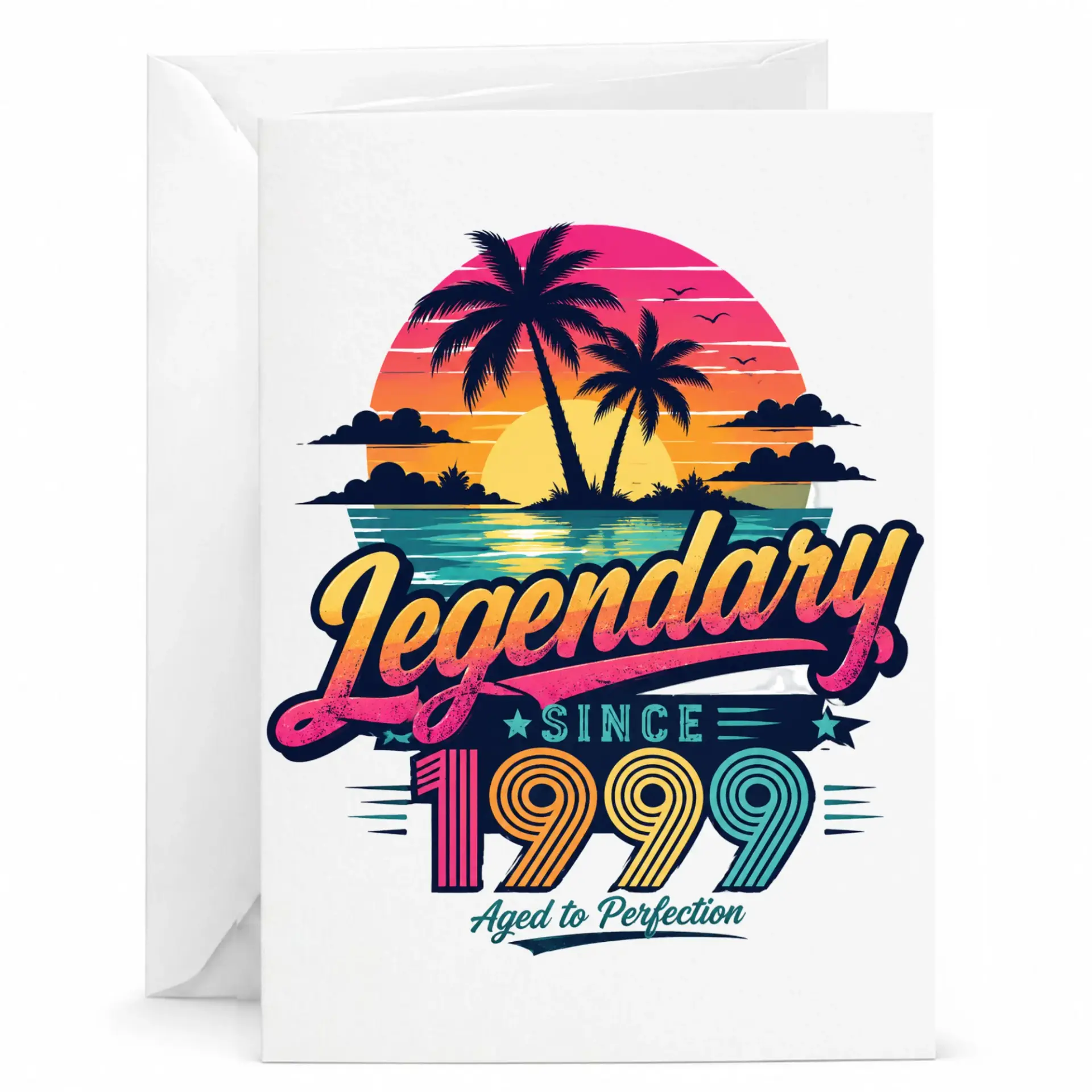 Birthday Card Legendary Since 1999 Aged to Perfection Retro Tropical Sunset Greeting Card for Milestone Celebration