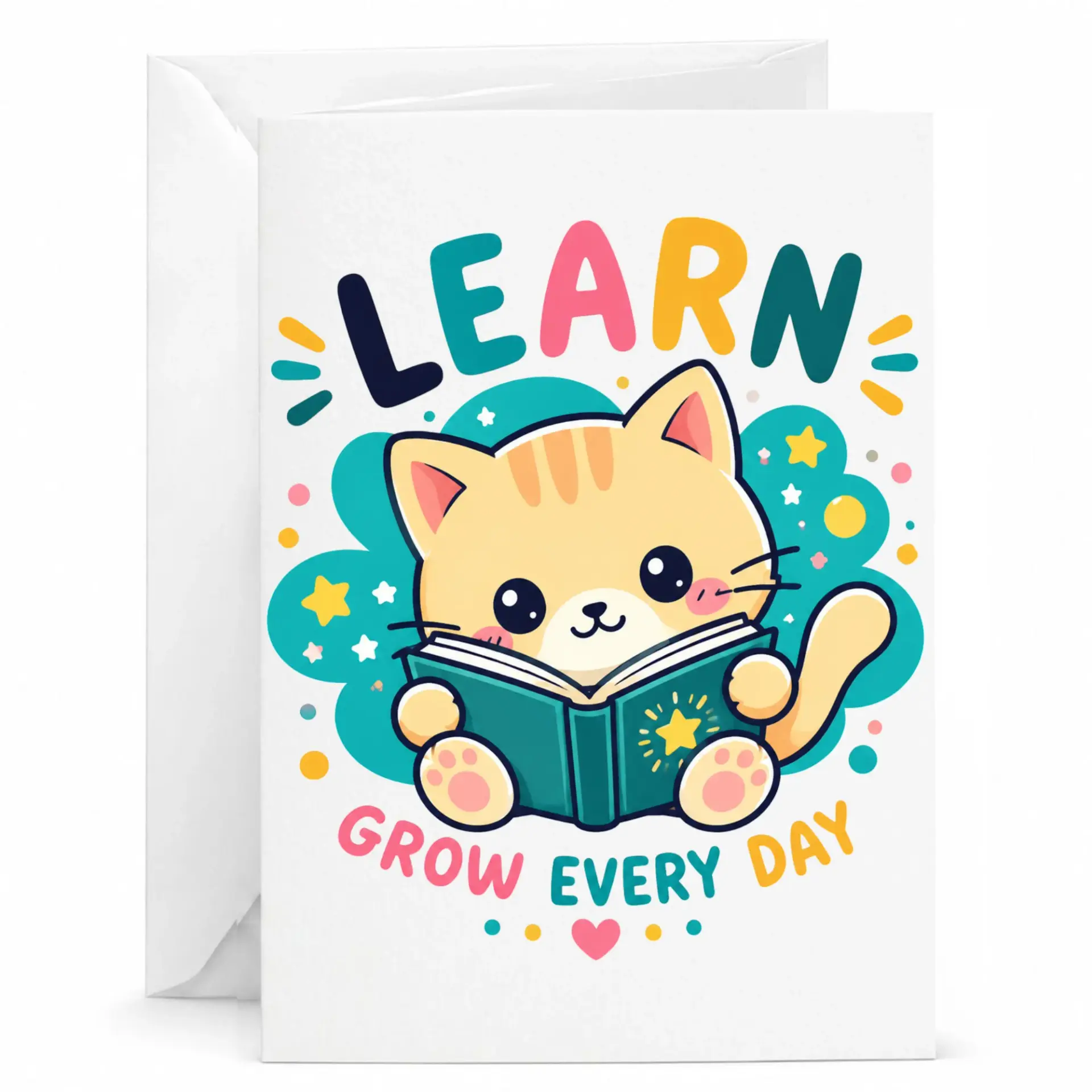 Greeting Card with Cute Cat Reading Book Design and Learn Inspirational for Stationery Collection