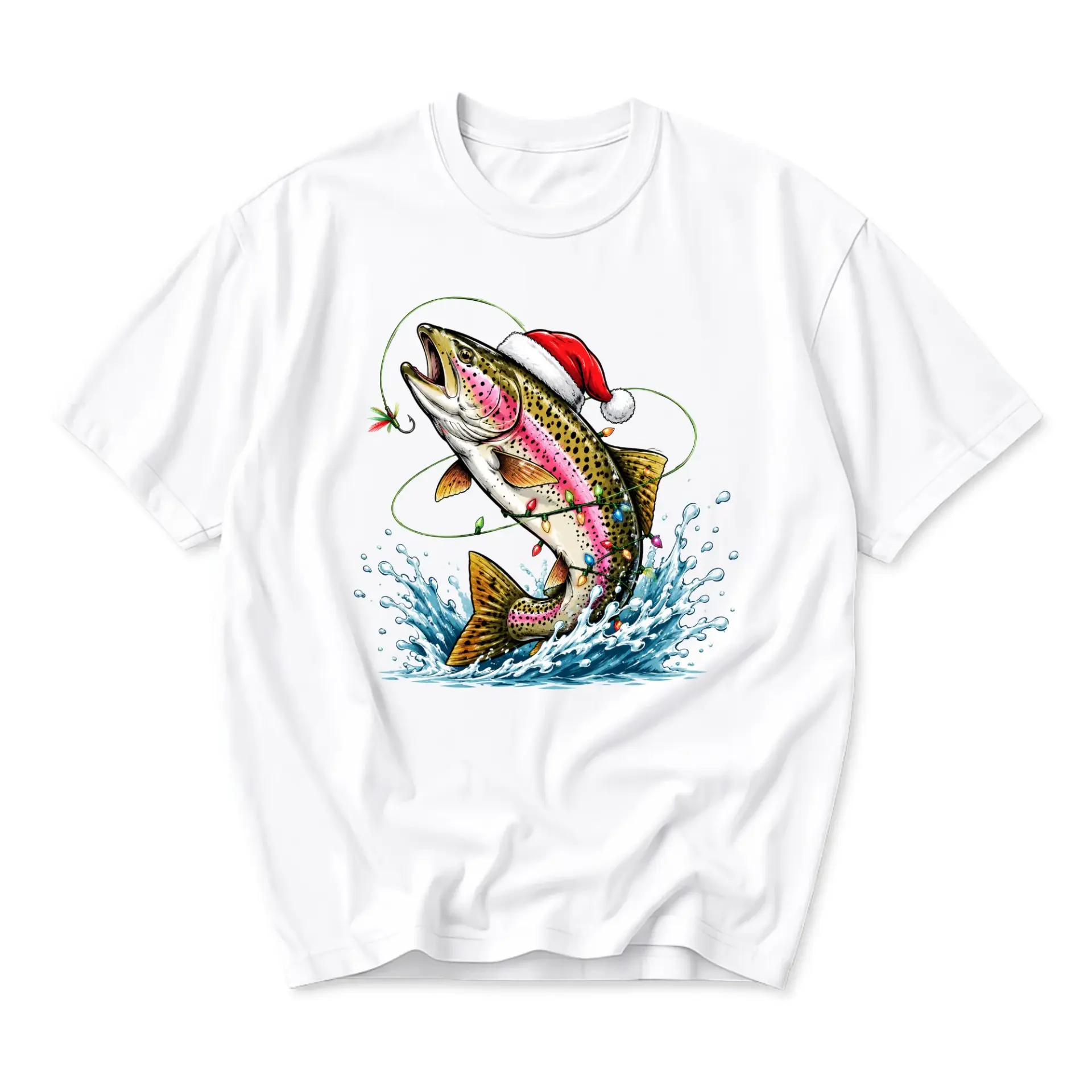 Graphic Tee Christmas Fishing Shirt Featuring Jumping Rainbow Trout Wearing a Santa Hat for Seasonal Casual Wear