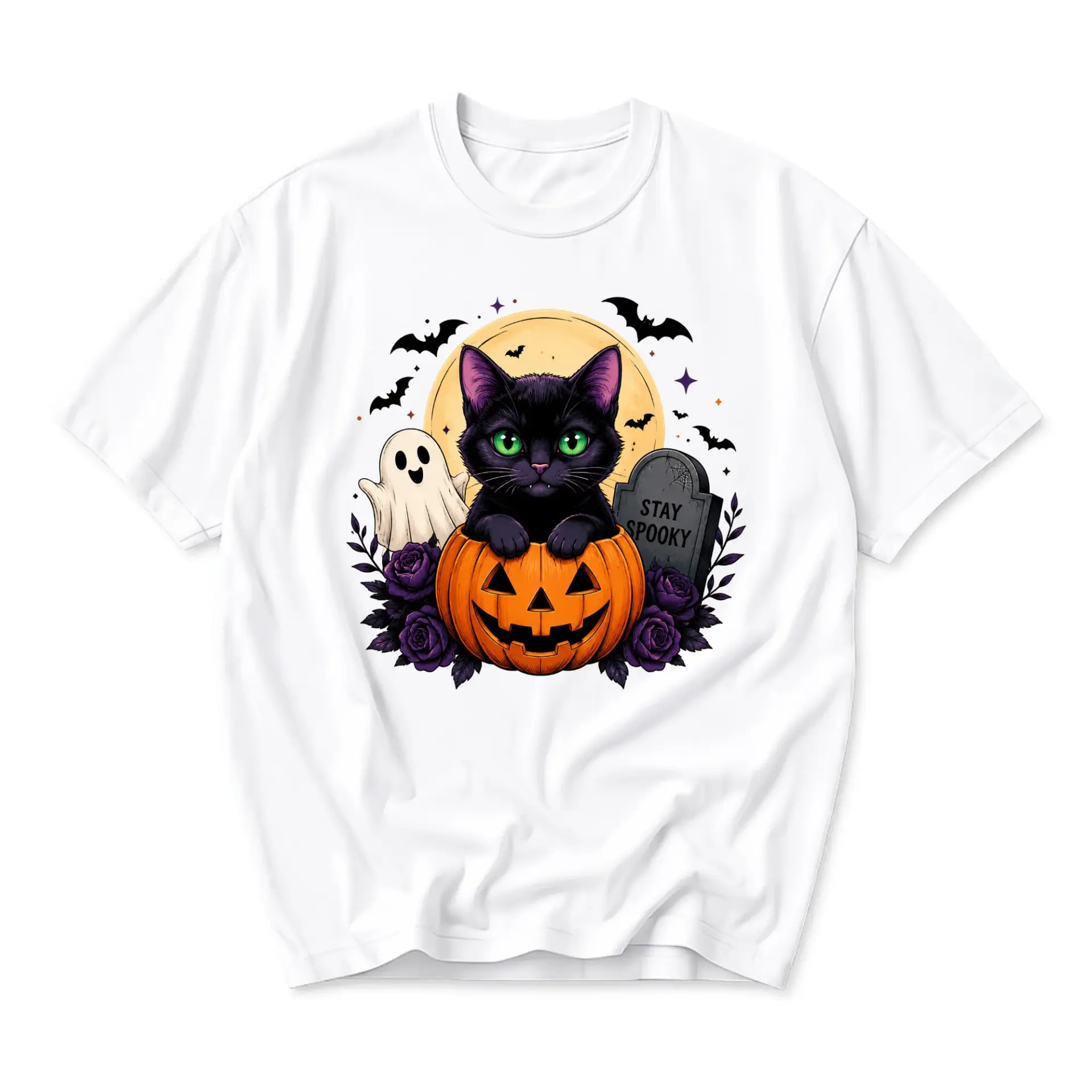 Funny Shirt Black Cat Halloween Graphic Tee Unisex Crew Neck Short Sleeve Casual Cotton Blend Holiday Apparel White