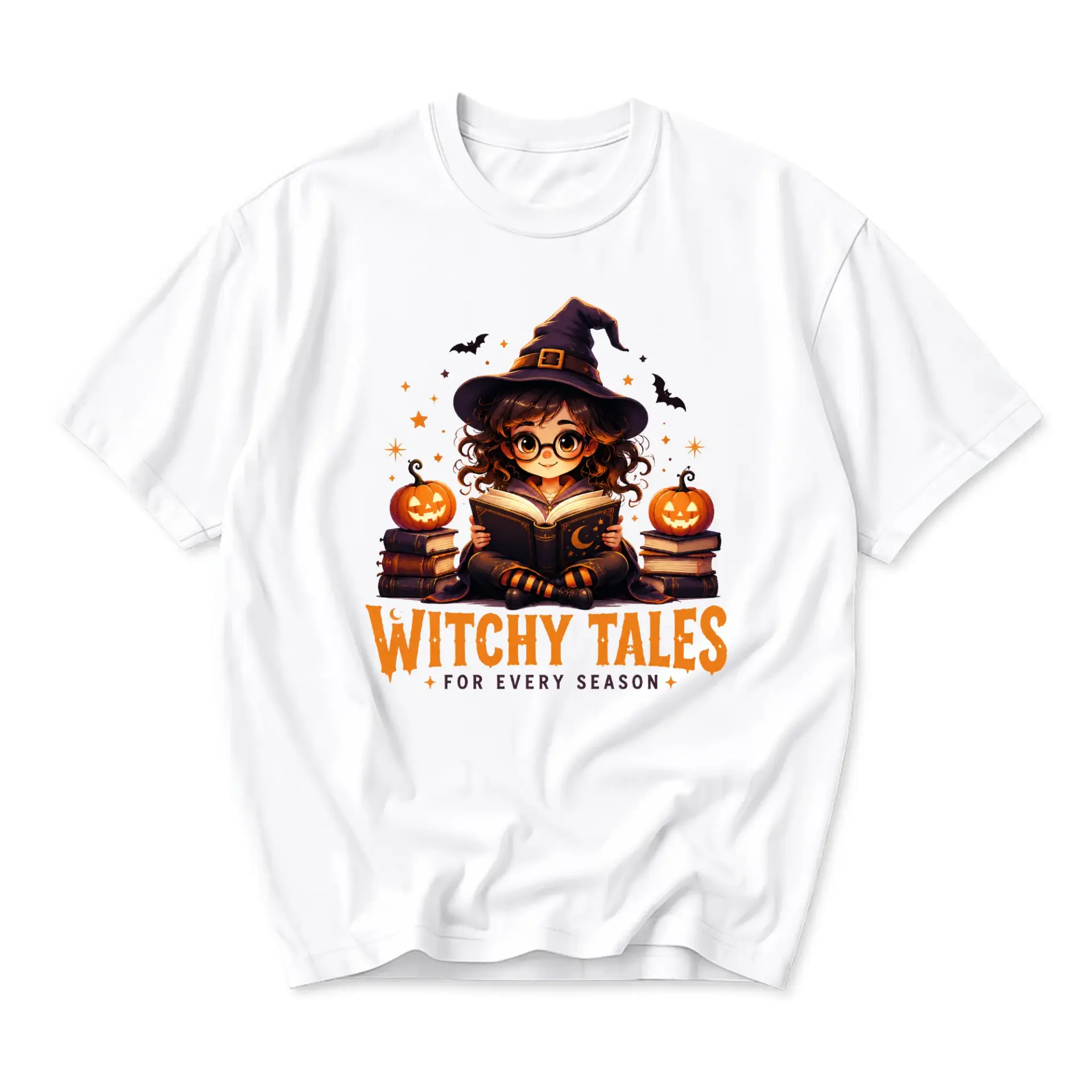 Graphic Tee Witchy Tales for Every Season Unisex T-Shirt Halloween Reading Lover Apparel Casual Crew Neck Shirt