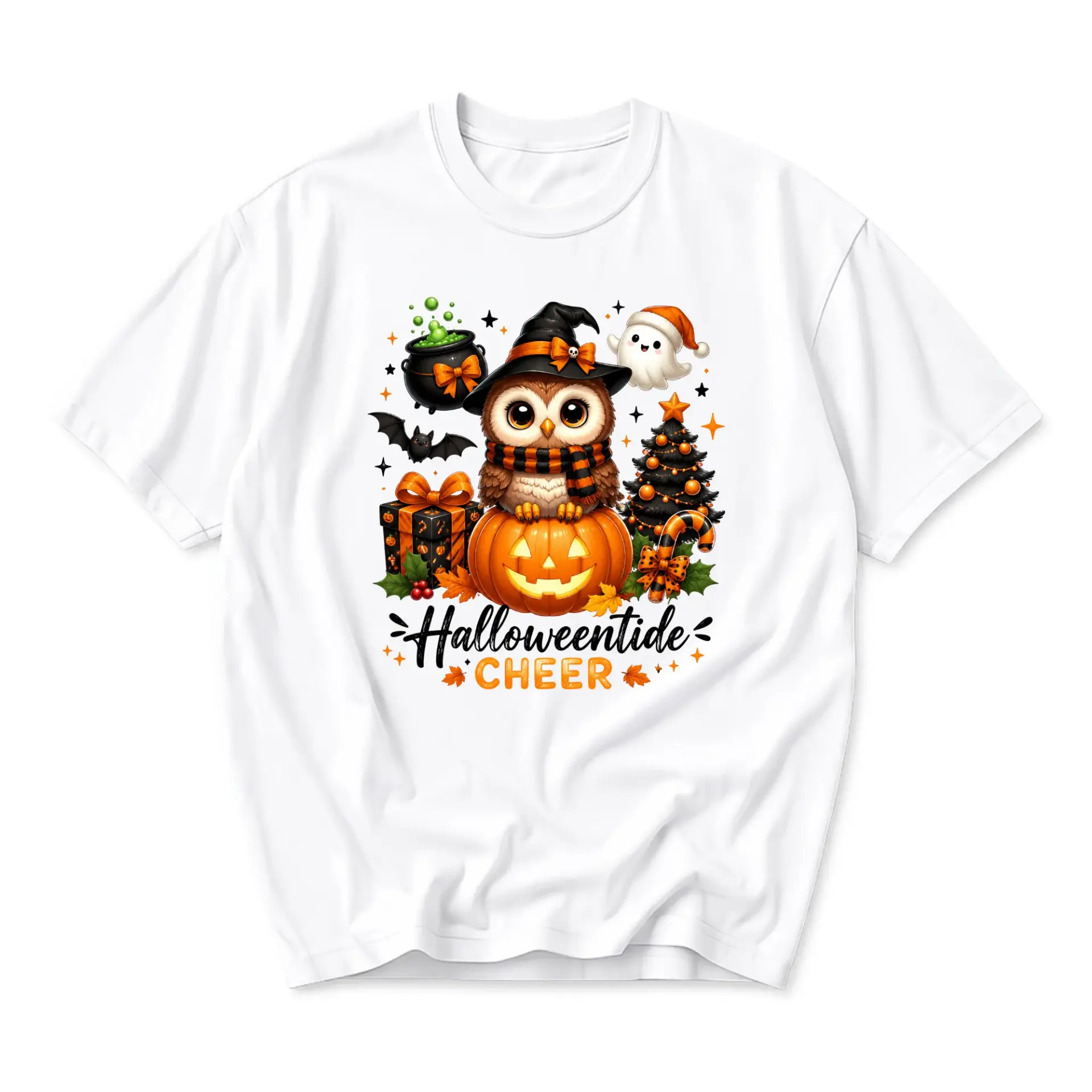 Graphic Tee Halloweentide Cheer Cute Owl Pumpkin Design Unisex Crew Neck Short Sleeve Cotton Casual Holiday Shirt