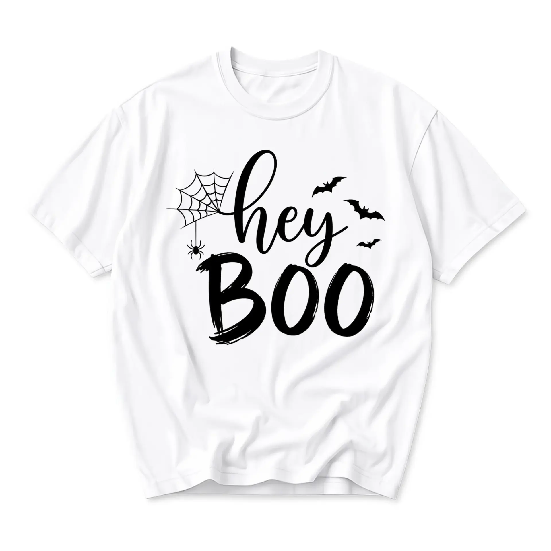 Funny Shirt Hey Boo Graphic Tee Halloween Spooky Seasonal Unisex Casual Short Sleeve Crew Neck Cotton Blend Top