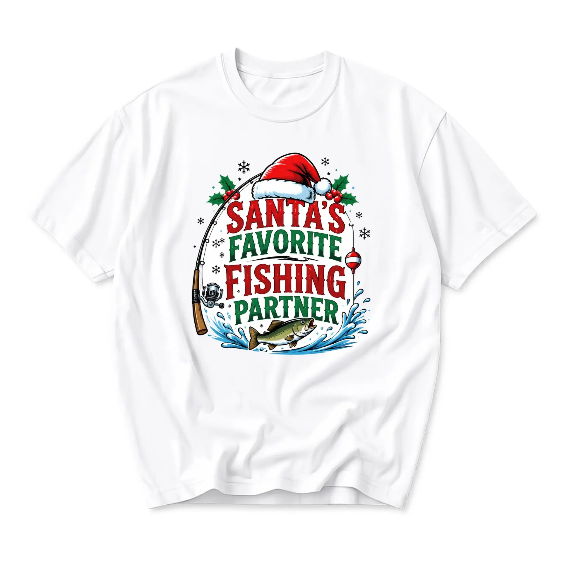 Graphic Tee Santa's Favorite Fishing Partner Holiday Christmas Short Sleeve Unisex Crew Neck Apparel for Casual Wear